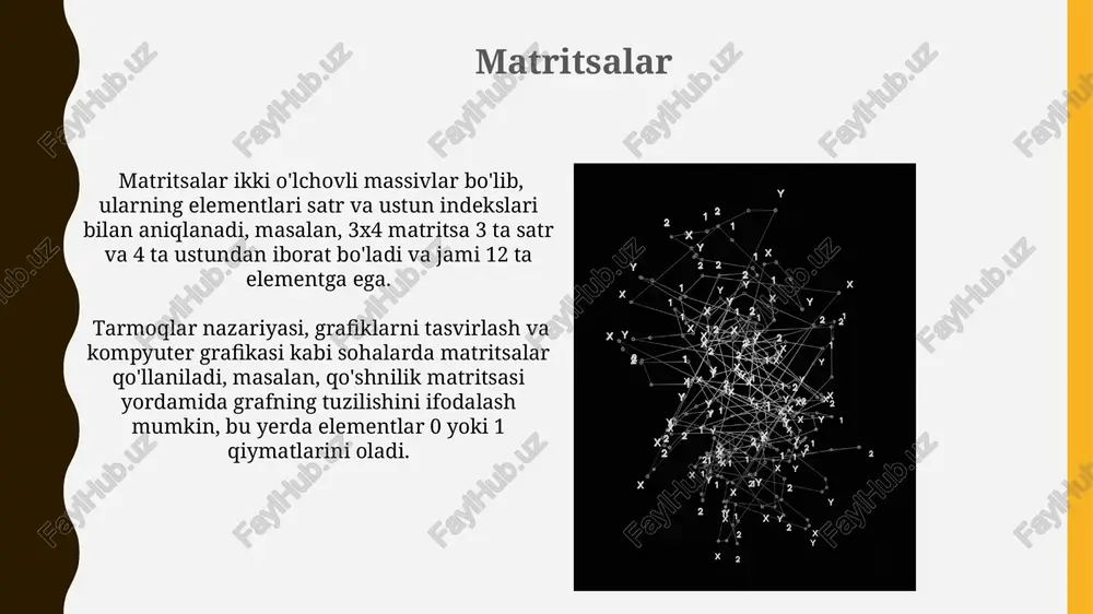 entlar soni o'zgarsa, xotira qayta ajratish talab qilinmaydi, bu esa samaradorlikni oshiradi. aylana bogʻlangan roʻyxatlarda har bir tugun keyingi tugunga havola boʻlib, oxirgi tugun birinchi tugunga havola orqali aylana hosil qiladi, bu esa elementlarga istalgan nuqtadan kirish imkonini beradi. amaliy misollar stack yordamida 20 ta sonni kiritish va ularni teskari tartibda chiqarish amaliyotini bajaring. bu stackning lifo (last-in-first-out) xususiyatini namoyish etadigan oddiy misol hisoblanadi. 50 ta talabaning balllarini saqlash uchun lineer bog'langan ro'yxatdan foydalaning. har bir tugun talabaning familiyasi va bali ma'lumotlarini saqlasin. keyin, ro'yxatni tartiblang va eng yuqori 5 ta ballni ekranga chiqaring. deqlar deque’ning asosiy operatsiyalari – bu element qo'shish (addfront, addrear) va element olib tashlash (removefront, removerear) operatsiyalari bo'lib, ularning har biri o(1) vaqt murakkabligiga ega, lekin, agar deque to'la bo'lsa, qo'shish operatsiyasi muammo tug'dirishi mumkin. deque yoki ikki tomonlama navbat ma'lumotlar tuzilmasi ikkala uchidan ham elementlarni qo'shish va olib tashlash imkonini beradi, bu esa o(1) vaqt …