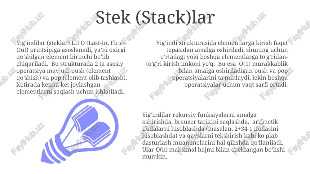 oslashni talab qiladi, bu yerda n - ro'yxatdagi elementlar soni. saralash algoritmlari radix sort kabi maxsus saralash algoritmlari esa raqamli yoki leksikografik tartibda joylashgan ma'lumotlarni o(nk) vaqt murakkabligi bilan samarali saralash imkonini beradi, bu yerda k – raqamlar soni. saralash algoritmlarining murakkabligi o(n log n) ga teng bo'lgan tezkor usullari, masalan, birlashtirish (merge sort) yoki tezkor saralash (quicksort) algoritmlari, katta hajmdagi ma'lumotlarni samarali qayta ishlashda muhim rol o'ynaydi. saralash algoritmlarini tanlash ma'lumotlarning xususiyatlariga, masalan, ma'lumotlarning hajmi, tartibi va qayta ishlash tezligi talablariga bog'liq bo'lib, o(n^2) murakkablikdagi oddiy algoritmlar kichik hajmdagi ma'lumotlar uchun mos keladi. deque (double-ended queue)lar deque ma'lumotlar tuzilmasi ikkala uchidan elementlarni qo'shish va olib tashlash imkonini beradi, bu esa fifo (first-in, first-out) yoki lifo (last-in, first-out) strategiyasini qo'llab-quvvatlaydi, bu esa turli xil algoritmlarda moslashuvchanlikni ta'minlaydi. deque'larni amalga oshirishda, masalan, bog'langan ro'yxat yoki massivlar yordamida, o'rtacha holatda qo'shish va olib tashlash operatsiyalari o(1) vaqt murakkabligiga ega bo'ladi, ammo eng …