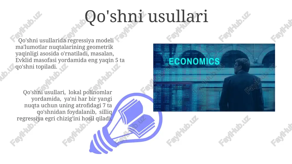iqtisodiy prognozlashning aniqligi va ishonchliligini oshirish uchun yangi baholovchi funksiyalar va optimallashtirish algoritmlarini ishlab chiqish. katta hajmdagi ma'lumotlar to'plamlarini (big data) tahlil qilishda chuqur o'rganish texnikalarini qo'llash orqali noparametrik regressiya modellarning samaradorligini oshirish, aniqlikni 10% ga yaxshilash maqsadida. noparametrik regressiya modellari ta'rifi ushbu modellarda parametrlar soni ma'lumotlar hajmidan bog'liq emas, bu esa kichik hajmdagi namunalarni tahlil qilishda afzallik beradi, masalan, 20 ta kuzatuv. nopok parametrli regressiya modellari ma'lumotlarning taqsimot shakli haqida hech qanday taxmin qilmaydi, shuning uchun normal taqsimotga ega bo'lmagan 100 dan ortiq kuzatuvlar uchun mos keladi. bashorat qilish va prognozlash 01 02 bashorat qilishda no-parametrik regressiya modellari, masalan, qo'shni regressiyasi yordamida 50 ta kuzatishdan iborat ma'lumotlar to'plamiga nisbatan 95% ishonch oralig'i bilan prognozlar hosil qilish mumkin. sales 1st qtr 2nd qtr 100 0 sales 1st qtr 2nd qtr 100 0 splajnlar regressiyasi splajn regressiyasining afzalligi – u chiziy bo'lmagan munosabatlarni modellarlashtirishga qodirligi va shovqinli ma'lumotlarga nisbatan nisbatan bardoshliligidir. …