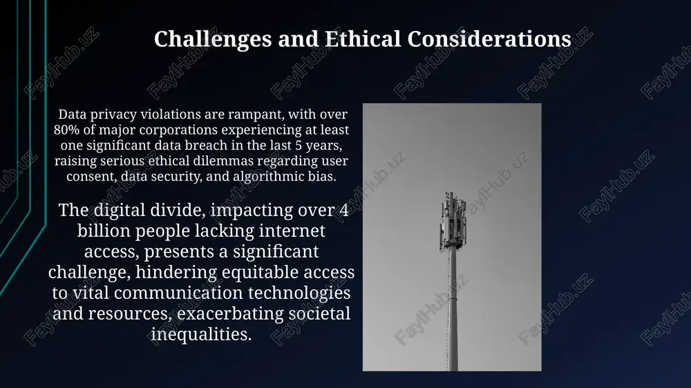 , and social movements. introduction to communications technology the digital revolution, marked by the rise of the internet and mobile devices, has dramatically reduced communication latency, enabling near-instantaneous global interactions compared to the days of days-long postal services. communication technology encompasses a vast spectrum, from early signal flags and smoke signals to modern 5g networks and quantum communication, showcasing exponential advancements over centuries. thank you for your attention @taqdimot_robot image1.jpg image2.jpg image3.jpg image4.jpg image5.jpg image6.jpg image7.jpg image8.jpg image9.jpg