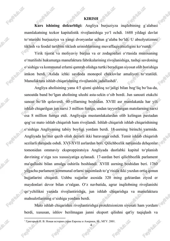 o‘yicha foizlarni to‘lashi kerak edi. kurs ishining maqsadi: 18-asrning o‘rtalarida. angliyada boshqa mamlakatlarga qaraganda ertaroq sanoat inqilobi boshlanishi haqida malumotlar yig‘ish. kurs ishining vazifasi: 1. xviii asrning birinchi yarmida angliyaning ijtimoiy-iqtisodiy rivojlanishi 2. xviii asrning birinchi yarmida angliyaning siyosiy rivojlanishi 3. xviii asrning birinchi yarmida angliyada fuqarolik jamiyatining hususi-yatlari kurs ishining ob’ekti: xviii asrning birinchi yarmida angliyaning ijtimoiy-iqtisodiy va siyosiy rivojlanishi. kurs ishining tuzilishi: kirish, asosiy qism, 3 ta reja, xulosa va foydalanilgan adabiyotlar. i. asosiy qism 1.1 xviii asrning birinchi yarmida angliyaning ijtimoiy-iqtisodiy rivojlanishi. angliya iqtisodiyoti 18-asrgacha asosan qishloq xoʻjaligi boʻlgan, biroq sanoat inqilobi uni 18-19-asrlarda asta-sekin yuqori urbanizatsiyalashgan va sanoatlashgan hududga aylantirishga olib keldi. shimoli-sharqiy okruglarda koʻmir va temir rudasi konlari yaqin boʻlganligi sababli ogʻir sanoat tarmoqlari (temir-poʻlat, toʻqimachilik va kemasozlik) koʻpaydi. 1930-yillarda buyuk depressiya va xorijiy raqobat sanoat mahsulotlari ishlab chiqarishning qisqarishiga va sanoat shimolida ishsizlikning oshishiga yordam berdi. ushbu shimoliy okruglardagi ishsizlar janubga london va uning …