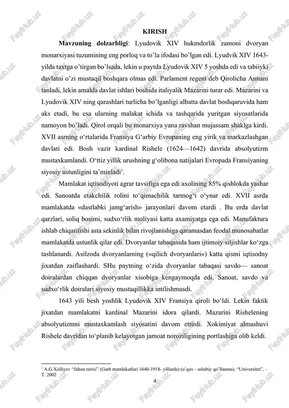 ovik xiv zamonida har qachongidan ko‘ra yaqqolroq namoyon bo‘ldi. qirol hokimiyati xv-xvii asrlarda kuchaygan bo‘lsa, xviii asrning oxirlarida qirol xokimiyatiga qarshi inqilob ko‘targan kuchlar burjua qatlamini tashkil qildi. lyudovik xiii 1643 yilda o‘ldi. taxt vorisi lyudovik xiv hali besh yoshga ham to‘lmagan edi. unga o‘z onasi anna avstriyskaya maslahatchi qilib tayinlandi, lekin xaqiqatdan mamlakatni anna avstriyskayaning mahbubi, kardinal rishele o‘rniga birinchi ministrlik lavozimiga tayinlangan italyalik kardinal mazarini idora qildi.1 uzoqni ko‘radigan va g‘ayratli davlat arbobi bo‘lgan mazarini kardinal rishele siyosatini bevosita davom ettirib, fransiyani 18 yil xech qanday qiyinchiliksiz idora qildi. davlat maslaxatchiligi odatda, qirol balog‘atga etmagan davrda ya’ni zodagonlarning, ayniqsa qondosh shaxzodalarning davlat boyliklarini taqsimlashda ko‘prok xissa da’vo qilishi davrida yanada ko‘proq kerak bo‘lardi. o‘ttiz yillik urishda qatnashish va, mamlakat ichidagi qo‘zg‘olonlarni bostirish fransiyaning moliya zaxiralarini batamom tugatib qo‘ygan edi.2 saroydagi fitna" ya’ni mazarinini ishdan olish va germaniya imperiyasiga qarshi olib borilayotgan urushni to‘xtatish maqsadida, gersog bofor boshchiligida uyushtirilgan …