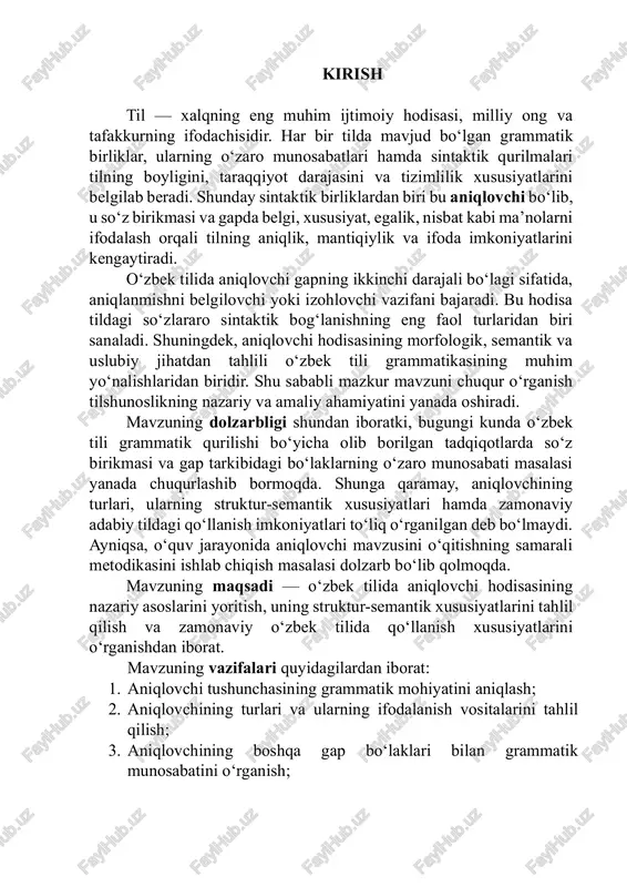 da yoritiladi. tadqiqotning ilmiy yangiligi shundan iboratki, ishda aniqlovchining o‘zbek tili grammatik qurilishidagi o‘rni, semantik turlari va zamonaviy adabiy tildagi qo‘llanishi misollar asosida tahlil qilinadi. bundan tashqari, aniqlovchining o‘qitilishiga doir zamonaviy pedagogik texnologiyalar asosidagi yondashuvlar ham yoritiladi. tadqiqotning amaliy ahamiyati — olingan natijalar o‘zbek tili sintaksisini o‘qitishda, ilmiy izlanishlarda, darslik va o‘quv qo‘llanmalarini yaratishda, shuningdek, til madaniyatini oshirishda qo‘llanishi mumkin. shunday qilib, “aniqlovchi va uning o‘zbek tilshunosligidagi tadqiqi” mavzusi nafaqat o‘zbek tili grammatik tizimining chuqur qatlamlarini o‘rganishga xizmat qiladi, balki tilning ichki qonuniyatlarini anglash va uni to‘g‘ri o‘qitish uchun ham muhim nazariy-amaliy asos bo‘lib xizmat qiladi. aniqlovchi hodisasining grammatik mohiyati qadimiy turkiy yozma yodgorliklardan boshlab kuzatiladi. qadimgi turkiy til davridayoq so‘zlar o‘rtasidagi aniqlash munosabatini ifodalovchi birliklar — sifat, son, olmosh va otlarning qaratqich shakllari faol ishlatilgan. bu holat “devonu lug‘otit turk”, “qutadg‘u bilig” kabi asarlarda ham yaqqol ko‘rinadi. o‘zbek tilshunosligida aniqlovchi masalasi dastlab xix asr oxiri – xx asr boshlarida …