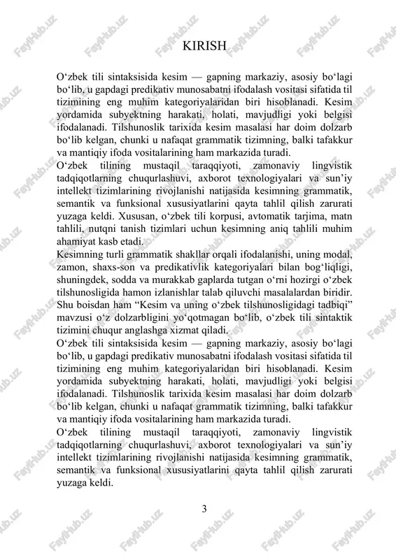 ladi. tadqiqotning maqsadi va vazifalari ushbu kurs ishining asosiy maqsadi — kesimning o‘zbek tili sintaktik tizimidagi o‘rni va ahamiyatini aniqlash, shuningdek, uning zamonaviy lingvistik tahlil va o‘qitish jarayonidagi tadbiqlarini ko‘rsatishdan iborat. ushbu maqsadga erishish uchun quyidagi vazifalar belgilandi: 1. kesim tushunchasining ilmiy-nazariy asoslarini o‘rganish; 2. o‘zbek tili sintaksisida kesimning grammatik va semantik turlarini tahlil qilish; 3. kesimning boshqa gap bo‘laklari bilan o‘zaro aloqasini yoritish; 4. kesimning modallik, zamon va shaxs-son kategoriyalari bilan bog‘liqligini ko‘rsatish; 5. kesimni o‘qitish bo‘yicha ilg‘or tajriba va metodik yondashuvlarni tahlil qilish; 6. kesimning zamonaviy tilshunoslik va kompyuter lingvistikadagi tadbiqlarini aniqlash. tadqiqotning obyekti va predmeti tadqiqotning obyekti — o‘zbek tili sintaktik tizimida kesimning grammatik qurilishi, semantik vazifalari va funksional xususiyatlaridir. tadqiqotning predmeti esa — kesimning o‘zbek tili sintaksisida tutgan o‘rni, turlari va ularning zamonaviy nutq hamda matn tahlilida qo‘llanishidir. 4 tadqiqotning nazariy va amaliy ahamiyati mazkur ish o‘zbek tilshunosligida kesimning nazariy tahlilini kengaytirish, uni zamonaviy lingvistik yondashuvlar …