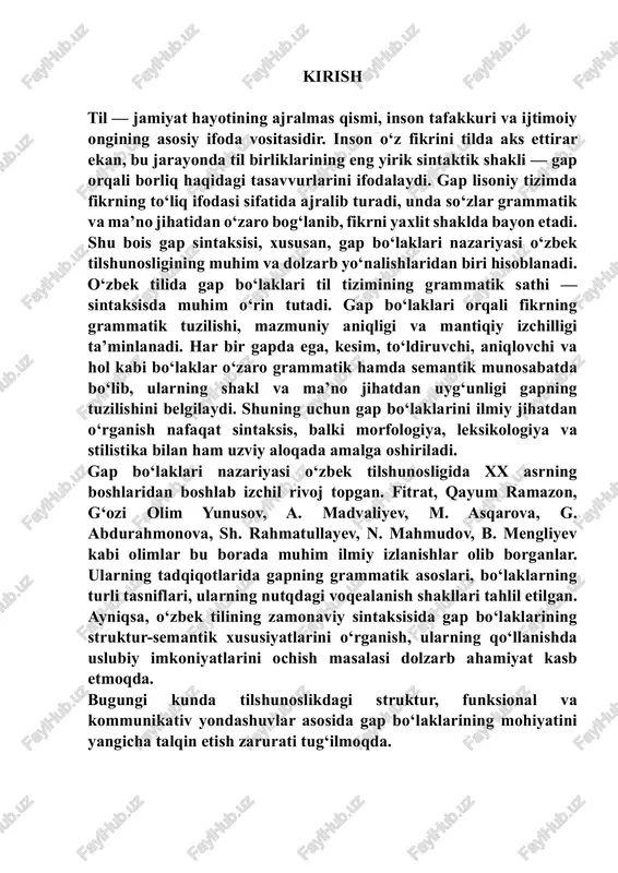 ‘lagi faqat grammatik birlik sifatida emas, balki ma’no, pragmatika va nutqiy vaziyat bilan bog‘liq hodisa sifatida ham ko‘rilmoqda. shu jihatdan, gap bo‘laklari nazariyasini chuqur o‘rganish o‘zbek tilining sintaktik tizimini yanada to‘liq anglashga xizmat qiladi. mazkur kurs ishining dolzarbligi shundan iboratki, u o‘zbek tili sintaksisining markaziy bo‘g‘ini — gap bo‘laklarini nazariy va amaliy jihatdan o‘rganishga qaratilgan. bu mavzuda ilgari surilgan nazariy qarashlar, ularning rivojlanish bosqichlari, gap bo‘laklarining struktur-semantik va nutqiy xususiyatlari tahlil etiladi. shuningdek, gap bo‘laklari nazariyasining ta’lim jarayonida o‘qitilish tajribalari ham o‘rganilib, o‘quvchilarning grammatik tafakkurini rivojlantirishdagi o‘rni yoritiladi. kurs ishining maqsadi — o‘zbek tilshunosligida gap bo‘laklari nazariyasining shakllanishi, rivoji va zamonaviy tadqiqini ilmiy asosda tahlil qilish, ularning struktur, semantik va nutqiy xususiyatlarini aniqlashdir. kurs ishining vazifalari quyidagilardan iborat: 1. gap va gap bo‘laklari haqidagi nazariy qarashlarni umumlashtirish; 2. o‘zbek tilshunosligida gap bo‘laklari nazariyasining rivojlanish bosqichlarini aniqlash; 3. ega, kesim, to‘ldiruvchi, aniqlovchi va holning struktursemantik xususiyatlarini tahlil qilish; 4. gap bo‘laklari …