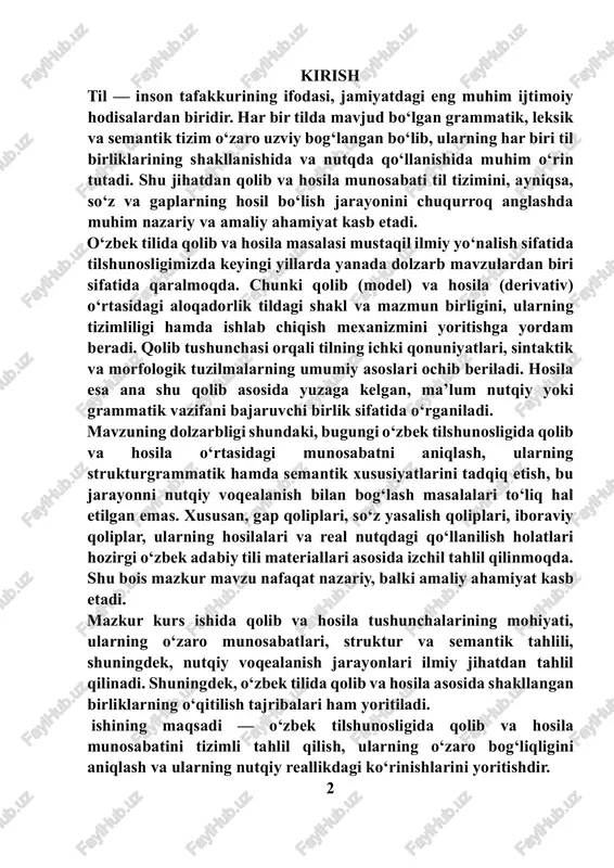 dir. 2 1. qolib va hosila tushunchalarining nazariy asoslarini aniqlash; 2. o‘zbek tilshunosligida qolib va hosila masalasining o‘rganilish tarixini ko‘rsatish; 3. qolib va hosila o‘rtasidagi morfologik va sintaktik bog‘lanishlarni tahlil qilish; 4. qolib va hosilalarning struktur-semantik xususiyatlarini aniqlash; 5. qolib va hosila munosabatining nutqiy ko‘rinishlarini o‘rganish; 6. mazkur mavzuning o‘qitilish tajribalari asosida amaliy tavsiyalar ishlab chiqish. tadqiqot obyekti — o‘zbek tilidagi qolib va hosila birliklari, ularning morfologik, sintaktik va semantik jihatdan voqealanish jarayoni. tadqiqot predmeti — qolib va hosila o‘rtasidagi grammatik, struktur va semantik munosabat. tadqiqotning nazariy asoslari o‘zbek tilshunoslari — a. g‘ulomov, m. asqarova, g‘. abdurahmonov, sh. rahmatullayev, n. mahmudov, a. nurmonov, d. jo‘rayeva, r. qo‘ng‘urov va boshqa olimlarning sintaksis, morfologiya hamda so‘z yasalishiga oid ilmiy ishlari asosida shakllantirildi. tadqiqotning amaliy ahamiyati shundaki, mazkur kurs ishining natijalari oliy ta’lim muassasalarida “hozirgi o‘zbek adabiy tili”, “so‘z yasalishi”, “sintaksis” kabi fanlarni o‘qitishda, shuningdek, amaliy mashg‘ulotlar va metodik qo‘llanmalar tayyorlashda foydalanish imkonini …