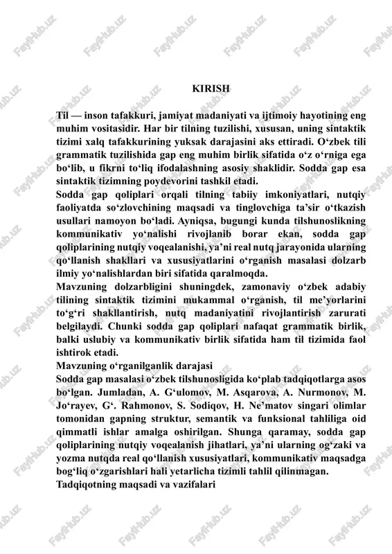 ni tahlil etish; 4. ularning uslubiy imkoniyatlari va kommunikativ vazifalarini aniqlash; 5. sodda gap qoliplarini o‘qitish jarayonidagi tajribalarni tahlil qilish. tadqiqotning obyekti va predmeti tadqiqotning obyekti — hozirgi o‘zbek adabiy tili sintaksis tizimidagi sodda gaplar va ularning nutqdagi voqealanish shakllaridir. tadqiqotning predmeti esa — sodda gap qoliplarining struktur, semantik va kommunikativ xususiyatlarini nutqiy jihatdan o‘rganishdir. tadqiqotning nazariy va amaliy ahamiyati tadqiqot natijalari o‘zbek tili sintaksisini chuqurroq o‘rganish, tilshunoslikdagi kommunikativ yondashuvni rivojlantirish, shuningdek, o‘rta maktab va oliy ta’lim muassasalarida “hozirgi o‘zbek adabiy tili” fanini o‘qitishda metodik manba sifatida foydalanish imkonini beradi. tadqiqot metodlari ishda struktur-semantik tahlil, taqqoslash, kuzatish, umumlashtirish, statistik va funksional usullardan foydalanildi. uning markazida kesim joylashib, u subyekt (ega) bilan birgalikda predikativlikni — ya’ni voqea-hodisani reallik bilan bog‘lashni ta’minlaydi. shunga ko‘ra, sodda gapda predikativlik, modal ma’no va intonatsion tugallik belgilarining mavjudligi majburiy hisoblanadi. sodda gapning sintaktik tabiati shundan iboratki, u har doim bir predikativ markaz asosida quriladi va mustaqil …