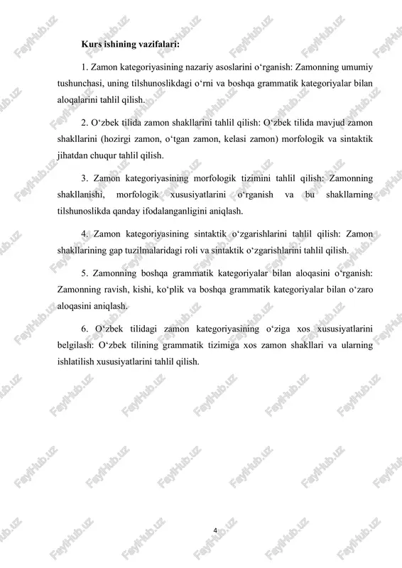 holatlarini, ularning turli vaqt oralig‘ida qanday o‘tishini tasvirlaydi. zamon tilning kommunikativ funksiyasini amalga oshirishda, fikrni aniq va ravon ifodalashda katta ahamiyatga ega bo‘lgan bir kategoriya hisoblanadi. o‘zbek tilshunosligida zamon kategoriyasi ham turli jihatlarda o‘rganilgan va uning til tizimida o‘ziga xos o‘rni mavjud. zamon kategoriyasi – tilning harakat yoki hodisaning vaqtini, uning o‘tish davrini, holatlarini ifodalash uchun ishlatiladigan morfologik, sintaktik va semantik vositalar majmuasidir. zamon nafaqat harakatning vaqtini ko‘rsatish, balki uning boshqa semantik jihatlarini, ya’ni harakatning tugashi, davomiyligi, boshlanishi yoki vaqt oralig‘ida sodir bo‘lishini ifodalashga imkon beradi. zamon kategoriyasi har bir tilning grammatika tizimida o‘ziga xos shakllarda va strukturalarda ifodalanadi.1 zamon tilshunoslikda ikki asosiy yo‘nalishda o‘rganiladi: ➤ morfologik nuqtai nazardan zamon fe’lning grammatik shakli sifatida ifodalanadi. har bir zamon shakli tilning o‘ziga xos grammatik qo‘shimchalari yoki yordamchi so‘zlar yordamida ifodalanadi. ➤ semantik nuqtai nazardan zamon harakatning vaqtini va uning o‘tishini tasvirlashdan tashqari, harakatning holatini, boshlanishini yoki tugashini ifodalovchi kattalikdir. 1 hozirgi …