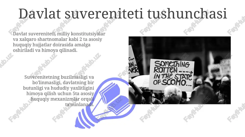 iyasi davlat suvereniteti tamoyillarini 1-moddada mustahkamlab, uning hududiy yaxlitligini himoya qilishni asosiy vazifalardan biri deb belgilab qo'yadi. suverenitetni ta'minlashdagi xalqaro hamkorlik iqtisodiy sanktsiyalar va diplomatik bosim kabi vositalar orqali 10 dan ortiq davlatning birgalikdagi harakatlari davlat suvereniteti va chegaralarining buzilishiga qarshi kurashda muhim ahamiyatga ega. xalqaro terrorizmga qarshi kurashda 50 dan ortiq mamlakat ishtirok etayotgan qo'shma operatsiyalar suverenitetni himoya qilishda samarali xalqaro hamkorlik misolidir. davlat suvereniteti va milliy manfaatlar suverenitetning amaliy ifodasi, xalqaro shartnomalarga rioya qilish, milliy qonunchilikni mustahkamlash va 20 dan ortiq xalqaro tashkilotlar bilan hamkorlik orqali amalga oshiriladi. milliy manfaatlar, iqtisodiy o‘sish, aholining farovonligi, siyosiy barqarorlik va mintaqaviy xavfsizlik kabi 5 ta asosiy ustunni o‘z ichiga oladi, bu esa davlat siyosatining asosiy yo‘nalishlarini aniqlaydi. iqtisodiy suverenitet va resurslar boshqaruvi 01 02 iqtisodiy suverenitet davlatning o'zining tabiiy resurslarini, jumladan, 200 dan ortiq konlarini va yer osti boyliklarini mustaqil boshqarish huquqini bildiradi. sales 1st qtr 2nd qtr 100 0 sales …