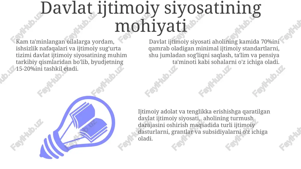 sida 5 dan ortiq dasturlarni amalga oshiradi. ta'lim sohasidagi ijtimoiy siyosat 2024 yilga qadar ta'lim sohasiga 10 milliard so'mdan ortiq mablag' ajratilishi rejalashtirilgan bo'lib, bu maktablarni zamonaviy texnologiyalar bilan jihozlash va o'qituvchilar malakasini oshirishga yo'naltiriladi. ushbu mablag'larning 5% inklyuziv ta'limni rivojlantirishga sarflanadi. ta'lim sohasidagi ijtimoiy siyosatning samaradorligini baholashda o'quvchilarning bilim darajasi (5-sinf va 9-sinf yillik baholar bo'yicha), maktab bitiruvchilarining oliygohlarga o'qishga kirish ko'rsatkichlari va kasb-hunarga ega bo'lish darajasi kabi ko'rsatkichlar muhim ahamiyatga ega. ta'lim sohasidagi ijtimoiy siyosat davlat tomonidan maktabgacha ta'lim muassasalarining 30% gacha subsidiyalanishini, o'quvchilarning 15% ga yetishi mumkin bo'lgan grantlar dasturini va kam ta'minlangan oilalar farzandlarining bepul ta'lim olishini nazarda tutadi. katta yoshdagi shaxslarni ijtimoiy himoya qilish uy-joy sharoiti yomon bo'lgan keksalar soni 15% ni tashkil etadi, bu esa ular uchun arzon va qulay turar joylarni ta'minlashga qaratilgan davlat dasturlarining ahamiyatini oshiradi. sog'liqni saqlash xizmatlaridan foydalanish bo'yicha katta yoshdagilar orasida 30% dan ortig'i surunkali kasalliklarga chalingan, shuning uchun …