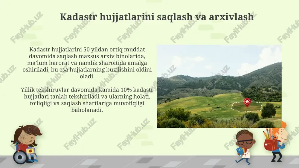 etilgan. yer uchastkalarining kadastr qiymati aniqlanishi uchun amalga oshiriladigan ishlar uchun 1 gektar yer uchun o’rtacha 500 ming so’m xarajat qilinadi, bu esa katta maydonlarni kadastrlashda sezilarli darajada katta mablag’larni talab qilishi mumkin. kadastr ma'lumotlarini himoya qilish va maxfiylikni saqlash noqonuniy kirish va o'zgartirishlardan himoya qilish uchun geodezik ma'lumotlar bazasi 3 qatlamli shifrlash tizimi bilan himoyalangan. kadastr ma'lumotlarining maxfiyligi davlat sirining 2-toifasiga kiradi va uni himoya qilish uchun 10 dan ortiq maxsus choralar ko'rilgan. kadastr ma'lumotlarining aniqligi va ishonchliligini ta'minlash zamonaviy gps texnologiyalari va gis tizimlaridan foydalanish orqali kadastr ma'lumotlarining to'liqligi va ishonchliligini oshirish mumkin, bu esa xatolar sonini 5% gacha kamaytiradi. kadastr ma'lumotlarining aniqligi, geodezik ishlar natijalari va yer uchastkalari chegaralarining aniq koordinatalarini aniqlash orqali 95% dan yuqori ishonchlilik darajasiga erishish orqali ta'minlanadi. kadastr ma'lumotlari bilan ishlashga ruxsat berish kadastr ma'lumotlarini qidirish va yuklab olish uchun foydalanuvchilar 5 ta turli xil filtrdan foydalanishlari mumkin, jumladan, yer maydoni, manzil va …