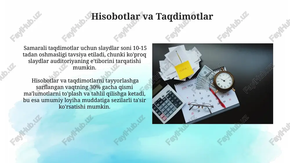 so'mi kutilmagan xarajatlar uchun zaxira hisoblanadi. samaradorlikni baholash tadqiqot ko'rsatdiki, xodimlarning 35%i vaqtini besamar ishlarga sarflaydi, bu kompaniyaga yiliga o'rtacha 10.000 aqsh dollari miqdorida zarar keltiradi. samaradorlikni baholashda, 20% vaqt yo'qotishlari noto'g'ri rejalashtirish bilan bog'liq ekanligi aniqlandi, bu esa jami 500 soatlik ish vaqtini tashkil etadi. takomillashtirish tavsiyalari xodimlarni o'qitish dasturlarini takomillashtirish orqali 10% ga ish unumdorligini oshirish mumkin, bu esa o'rtacha har bir xodimdan oyiga 20 soat qo'shimcha ish vaqtini tejashga yordam beradi. loyihalarni rejalashtirish va nazorat qilish jarayonlarini optimallashtirish orqali loyiha muddatlarini o'rtacha 20% ga qisqartirish va 30% ga xatoliklarni kamaytirish mumkin. e'tiboringiz uchun rahmat @taqdimot_robot image2.jpg image3.jpg image4.jpg image5.jpg image6.jpg image7.jpg image8.jpg image9.jpg image10.jpg image11.jpg image12.jpg image13.jpg image1.png