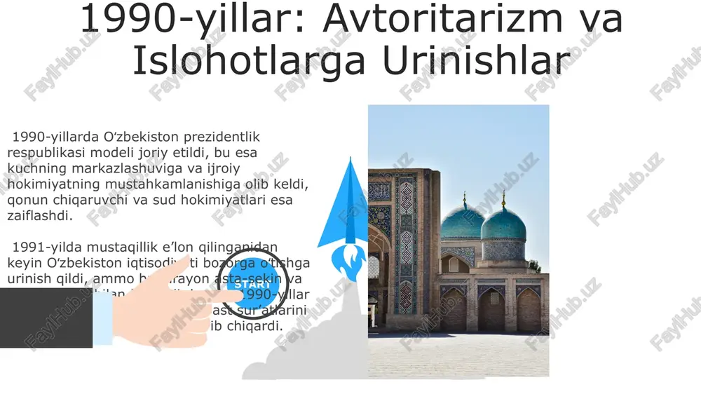 artirildi, bu esa saylov tizimining rivojlanishi va takomillashuvida muhim rol o'ynadi, jumladan, 2005 va 2017-yillardagi tub o'zgarishlarni qayd etish mumkin. mustaqillikka intilish va dastlabki qadamlar 1990-yilda oʻzbekiston respublikasining davlat suvereniteti toʻgʻrisidagi deklaratsiyasi qabul qilindi, bu mustaqillikka olib boruvchi muhim qadam boʻldi va mamlakatning oʻz taqdirini oʻzi hal qilish huquqini eʼlon qildi. dastlabki yillarda parlament tizimi shakllantirildi, ammo u hali ham kuchli prezidentlik tizimi bilan birga mavjud edi, bu kuchlar muvozanatini ta’minlashda muammolarni keltirib chiqardi. qonun chiqaruvchi va sud tuzumining rol va vazifalari konstitutsiyaviy sud 15 nafar sudyadan iborat boʻlib, qonunlarning konstitutsiyaga muvofiqligini nazorat qilish vazifasini bajaradi. oʻzbekiston respublikasining sud tizimi uch bosqichdan iborat: mahalliy sudlar, viloyat sudlari va oliy sud, ularning har biri oʻz vakolat doirasida sud ishlarini koʻrib chiqadi. 06 05 04 zamonaviy oʻzbekistonning demokratik modelini tahlil qilish 01 02 konstitutsiyaviy islohotlarning 2022-2023 yillardagi bosqichlari demokratiya indeksiga ijobiy ta'sir ko'rsatgan bo'lsa-da, hukumatning monopol holati saqlanib qolmoqda. davlat organlarining faoliyatida …