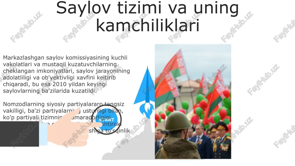 lanishi bilan tavsiflanadi. oʻzbekistonning yangi davri 1991-yilda sssrning parchalanishi bilan boshlanib, mamlakat mustaqillikka erishdi va shu bilan birga, yangi davlat tuzumini qurish jarayoni boshlandi. koʻp partiyali tizimning shakllanishi 2000-yillar boshidan boshlab, 5 dan ortiq siyosiy partiya roʻyxatdan oʻtgan boʻlsa-da, ularning hammasi ham bir xil darajada taʼsirli emas edi, bu esa siyosiy raqobatning notekisligini koʻrsatdi. koʻp partiyali tizimning rivojlanishida saylov tizimi muhim rol oʻynadi; 2005 va undan keyingi yillardagi prezidentlik va parlament saylovlari natijalari partiyalararo raqobat dinamikasini aks ettirdi. sud-huquq tizimining islohotlari korrupsiyaga qarshi kurash doirasida sud-huquq tizimida shaffoflikni ta’minlash maqsadida 50 dan ortiq elektron xizmatlar joriy etildi va sud jarayonlarini onlayn kuzatish imkoniyati yaratildi. sud-huquq tizimini isloh qilish doirasida 2017-yildan buyon 100 dan ortiq qonun hujjatlari qabul qilinib, jinoyat va fuqarolik sudlari faoliyatini takomillashtirishga qaratilgan. 06 05 04 xalqaro hamjamiyat bilan hamkorlik 01 02 o'zbekistonning xalqaro valyuta fondi (xvf) bilan hamkorligi 2023 yilda 1,5 mlrd aqsh dollari miqdoridagi kredit liniyasini …