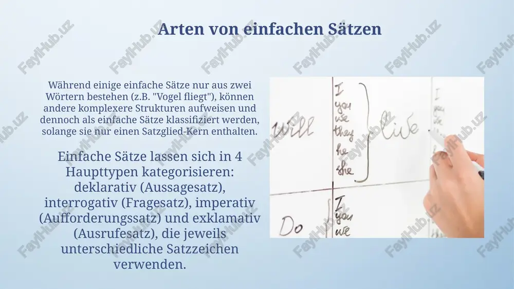 en satz. das prädikat, bestehend aus mindestens einem finiten verb, beschreibt die handlung, den zustand oder das geschehen. es bestimmt die zeitform (präsens, perfekt etc.) und den modus (indikativ, konjunktiv etc.) des satzes. übungen zu einfachen sätzen grammatische übungen zu einfachen sätzen sollten mindestens 3 verschiedene satzarten (aussagesatz, fragesatz, aufforderungssatz) umfassen und die korrekte verwendung von satzzeichen berücksichtigen. die effektivsten übungen zu einfachen sätzen kombinieren schreibaufgaben mit mindestens 10 beispielsätzen und anschließenden korrektur- und analyseübungen zur verbesserung des verständnisses. beispiele einfacher sätze einfache sätze können aus nur zwei wörtern bestehen, wie z.b. "katze schläft" (subjekt-prädikat), demonstrieren die minimalistische struktur dieser satzart. ein einfacher satz enthält maximal ein finites verb, zum beispiel: "sie liest ein buch." weitere verben wären als infinitive oder partizipien untergeordnet. satzglieder satzglieder können in mindestens fünf hauptgruppen eingeteilt werden: subjekt, prädikat, objekt (akkusativ-, dativ-, genitivobjekt), adverbiale bestimmungen und prädikative. die genaue klassifizierung kann je nach satzstruktur variieren. …