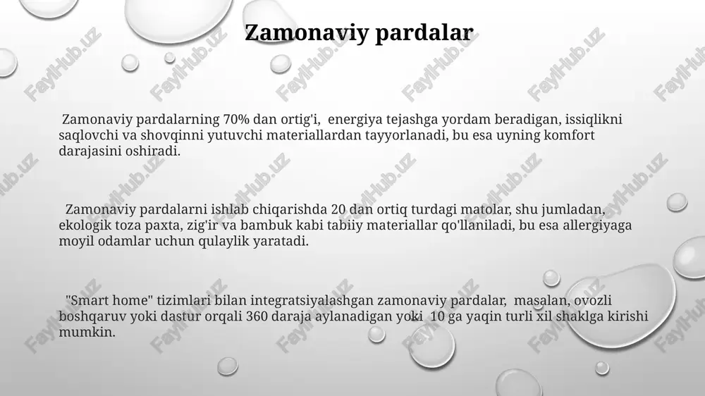 monidan tanlanadi. rim pardalarining ikkita asosiy turi mavjud: klassik va zamonaviy, ularning har biri o'ziga xos dizayn va funktsional xususiyatlarga ega bo'lib, 20 dan ortiq rangda va 3 turdagi matodan tayyorlanishi mumkin. e'tiboringiz uchun rahmat @taqdimot_robot image1.png image2.png image3.png