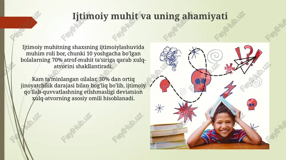 choralari muhim ahamiyat kasb etadi. davlat siyosati va qonunchilik bazasi davlat siyosati, 18 yoshgacha bo'lgan yoshlar o'rtasida deviatsion xulq-atvorning oldini olishga qaratilgan 5 ta asosiy dasturni moliyalashtirish orqali ijtimoiy pedagogika sohasini qo'llab-quvvatlaydi. o'zbekiston respublikasining "ta'lim to'g'risida"gi qonuni, 3-moddasida ijtimoiy moslashishni ta'minlashga qaratilgan ta'limning muhim tarkibiy qismi sifatida deviatsion xulq-atvorning oldini olishni nazarda tutadi. zamonaviy pedagogik texnologiyalar zamonaviy pedagogik texnologiyalar, masalan, gamifikatsiya yondashuvi, o'quv jarayonini 30% ga samaradorligini oshirishi va 15-20% gacha o'quvchilarning faol ishtirokini ta'minlashi mumkin. interfaol o'quv doskalari va virtual reallk texnologiyalaridan foydalanish, o'quvchilarning bilim olish darajasini 25% ga oshirish bilan birga, 5 ta turli intellektual qobiliyatlarini rivojlantirishga yordam beradi. ogʻishish xulqining sabablari va omillari peer pressure, ya'ni tengdoshlar bosimi, o'spirinlarning 60% gacha deviant xatti-harakatlarga qadam qo'yishiga sabab bo'ladi va bu, ayniqsa, norasmiy guruhlarning ta'siri bilan bog'liq. kam ta'minlangan oilalarda voyaga yetgan bolalarning 70% dan ortig'ida o'g'irlik yoki vandalizm kabi deviant xatti-harakatlar kuzatiladi, bu ijtimoiy-iqtisodiy omilning ta'sirini ko'rsatadi. e'tiboringiz …