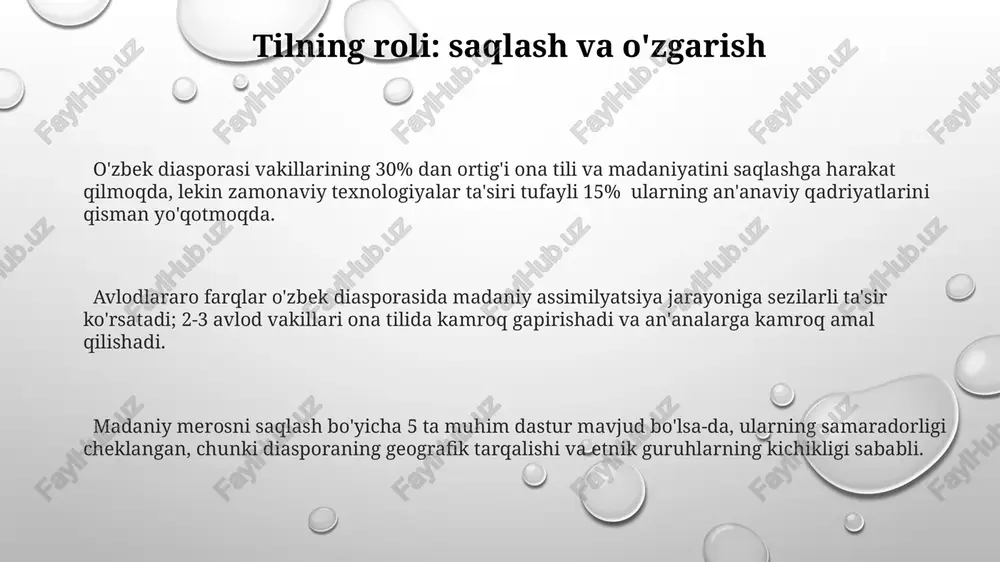 ga oshirish va an'analarni saqlashda samaradorlikni kuchaytiradi. diaspora guruhlarining ijtimoiy integratsiyasi madaniy moslashuvning 5 bosqichi mavjud bo'lib, ijtimoiy integratsiya jarayonida til o'rganish, o'zaro munosabatlar va ijtimoiy kapitalning roli muhim ahamiyatga ega. diaspora guruhlarining muvaffaqiyatli ijtimoiy integratsiyasi 20% ga yaqin iqtisodiy o'sish va mehnat bozorida 30% ga ko'proq ishtirok etish bilan bog'liq. diaspora jamoalarining ijtimoiy integratsiyasi darajasi davlat siyosati, ijtimoiy qo'llab-quvvatlash dasturlari va jamoatchilik munosabatlariga bog'liq bo'lib, ko'pgina holatlarda 70% ga yaqin muvaffaqiyat ko'rsatkichi kuzatiladi. diaspora guruhlari: ta'rif va turlari diaspora guruhlari 2 asosiy toifaga bo'linadi: majburiy migratsiya (masalan, urush yoki ta'qib tufayli) va ixtiyoriy migratsiya (masalan, ish yoki ta'lim uchun), bu ularning madaniy saqlanish strategiyalariga ta'sir qiladi. diaspora guruhlarining madaniy assimilatsiyasi jarayoni 3 avlod davomida amalga oshiriladi: birinchi avlod odatda ona madaniyatiga sodiq qoladi, ikkinchi avlod esa ikki madaniyat o'rtasida muvozanatni saqlashga harakat qiladi, uchinchisi esa ko'pincha asosiy madaniyatga singib ketadi. ba'zi diasporalar, masalan, yahudiylar yoki armanlar, ming yillar davomida …