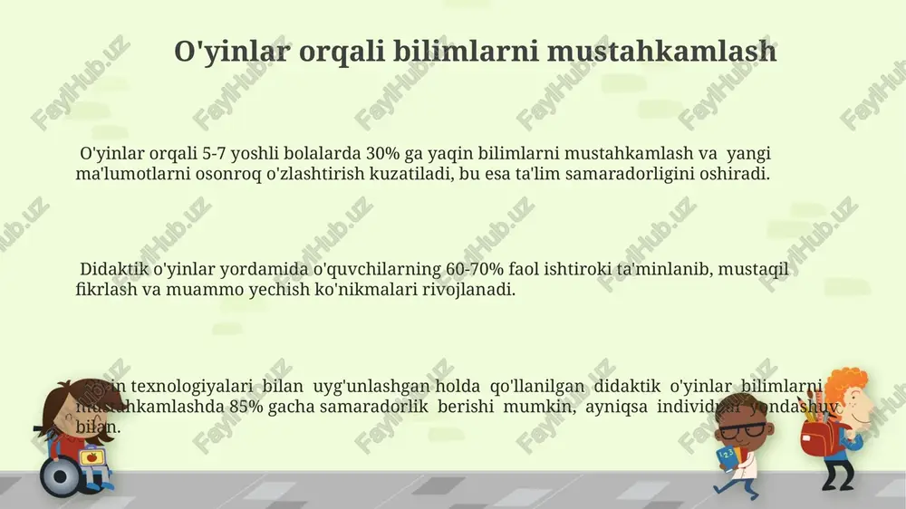 kma hosil qiluvchi va malaka oshirishga qaratilgan o'yinlarga bo'lish mumkin. interaktivlik darajasiga ko'ra didaktik o'yinlar individual, juftlik, guruh va kollektiv (20-30 kishigacha) turlariga bo'linadi, bu o'yinning samaradorligiga ta'sir qiladi. o'yinlarning murakkabligi va o'quvchilar yoshiga qarab 4 bosqichli klassifikatsiya mavjud: boshlang'ich, o'rta, yuqori va murakkab darajalar. har bir bosqich o'ziga xos vazifalar va qoidalar bilan ajralib turadi. o'yin davomida o'quvchilarning faolligini ta'minlash o'yinning murakkablik darajasini o'quvchilarning bilim va ko'nikmalariga moslashtirish orqali ularning faolligini va qiziqishini saqlab qolish mumkin. o'yin jarayonida 3-5 kishilik guruhlarda ishlash orqali har bir o'quvchining faol ishtirokini ta'minlash, individual yondashuvni qo'llash mumkin. didaktik o'yinlarda raqobat elementlarini (masalan, ballar sistemasini) kiritish orqali o'quvchilarning motivatsiyasi va faolligi 20-30% ga oshadi. didaktik o'yinlarni qo'llashda mavjud muammolar va ularning yechimlari o'yinlarning yoshiga mos kelmasligi yoki o'quv maqsadlariga moslashtirilmaganligi o'quv jarayonida 20% gacha qiziqishni pasayishiga olib kelishi mumkin; o'yinlarni sinchkovlik bilan tanlash va moslashtirish muhim. didaktik o'yinlarni qo'llashda ba'zi o'qituvchilarning metodik tayyorgarligi yetarlicha …