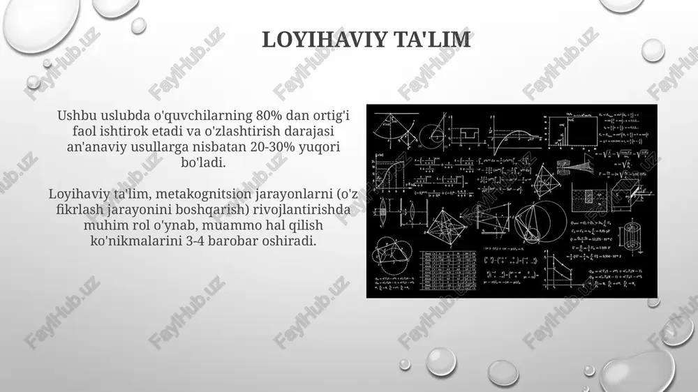 o'quvchilarning oldingi bilimlariga tayanib, yangi tushunchalarni mustaqil ravishda qurib-qurishiga 3 bosqichli jarayon orqali yordam beradi: kashf etish, tushunish va qo'llash. yangi didaktika tadqiqotlarga ko'ra, yangi didaktikani qo'llash natijasida o'quvchilarning baholari o'rtacha 15-20% ga oshadi. yangi didaktika 70 dan ortiq turli o'quv usullarini o'z ichiga oladi, bu esa o'qituvchilarga o'quvchilarning individual ehtiyojlariga moslashish imkonini beradi. inklyuziv ta'lim inklyuziv ta’limning samaradorligi 80% ga yaqin o‘quvchilarning bilim olish darajasining yaxshilanishi va ijtimoiy moslashuvchanligining oshishi bilan baholanadi, bu esa 15% ga yaqin o‘quvchilarni qo‘shimcha yordamga muhtoj qoldiradi. inklyuziv sinflarda o‘qituvchilar talabalar bilan 1:5 nisbatida ishlashga harakat qilishadi, shuningdek, individual ta’lim rejalari va differensial topshiriqlarning kamida 2 turi qo‘llaniladi. differentsiallashgan ta'lim o'quvchilarda 4 ta asosiy o'rganish uslubi (vizual, auditor, kinestetik, raqamli) mavjudligi hisobga olinib, differensiallashgan ta'lim individual yondashuvni ta'minlaydi. differensiallashgan ta'limda o'quvchilarning 70% ga yaqini o'zlashtirish darajasini oshirish va akademik natijalarini yaxshilashga qaratilgan maqsadli strategiya qo'llaniladi. hamkorlikdagi ta'lim "hamkorlikdagi ta’lim" metakognitsion jarayonlarni rivojlantirishga yordam beradi, …