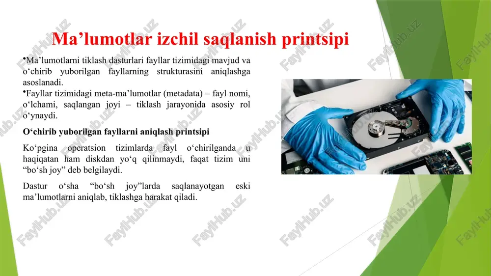 bulutli saqlash qurilmalaridagi ma’lumotlarni tiklay olishi kerak. turli qurilmalarda ma’lumotlar saqlanish printsiplari farq qilgani sababli moslashuvchanlik zarur. strukturani tiklash printsipi tiklash dasturi fayllar tizimining tuzilishini, kataloglar va bo‘limlar aloqasini qayta tiklaydi. masalan, ntfs bo‘limida master file table (mft) elementlarini aniqlab, ularning bog‘lanishini tiklash mumkin. fayl fragmentlarini birlashtirish printsipi katta fayllar diskda bir necha joyga bo‘lingan bo‘lsa, dastur ularni tartib bilan qayta birlashtiradi. bu printsip video, audio va professional hujjatlarni tiklashda muhim ahamiyatga ega. fayl identifikatsiyasi va formatni aniqlash printsipi fayl tizimi yo‘qolgan yoki buzilgan fayllarni tiklay olmasa ham, faylning bosh bitlari (file signature) orqali turini aniqlash mumkin. masalan, jpg, png, docx, mp4 fayllar maxsus imzoga ega, dastur ularni ushbu imzolar orqali tiklaydi. xavfsizlik va yaxlitlik printsipi dastur tiklash jarayonida fayl tarkibini o‘zgartirmaslik va shifrlangan fayllarni buzmaslikni ta’minlaydi. bu printsip tibbiy, moliyaviy va shaxsiy ma’lumotlar bilan ishlashda ayniqsa muhim. real vaqt monitoringi printsipi ba’zi ilg‘or dasturlar diskdagi holatni real vaqt rejimida …