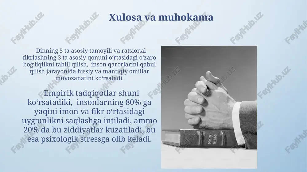 krlar o'rtasidagi dialektik munosabatlarni tahlil qilish muhimdir. imon va fan imonda 7 ta asosiy mazhab mavjud bo'lib, ularning har biri o'ziga xos e'tiqod va amaliyotga ega. bu esa, imon va tafakkur o'rtasidagi murakkab munosabatlarni ko'rsatadi. islomda aqida (e'tiqod) va fiqh (huquq) kabi 2 ta asosiy soha mavjud bo'lib, ular o'zaro bog'liq va bir-birini to'ldiradi. tafakkur bu ikki sohani birlashtiradi. imonning shaxsiyatga ta'siri shaxsiy rivojlanish va ma'naviy o'sish o'rtasidagi korrelyatsiya tahlillari shuni ko'rsatadiki, imonli odamlarda 20-30% gacha stressga chidamlilik yuqori bo'ladi, bu ruhiy sog'liqni mustahkamlaydi. dinning inson hayotiga integratsiyasi, turli tadqiqotlarga ko'ra, 35% ga yaqin ijtimoiy moslashuvchanlik va empatiya ko'rsatkichlarini yaxshilashga olib keladi, ijtimoiy munosabatlarni mustahkamlaydi. imon va axloq imon va axloq o'rtasidagi bog'liqlikni 5 ta asosiy fazilat – halollik, rostgo'ylik, saxovatlilik, sabr-toqat va adolatlilik orqali tushunish mumkin, bu fazilatlar insonning ichki dunyosini boyitadi va jamiyatga foyda keltiradi. dinlarda imonning 3 ta asosiy tarkibiy qismi – allohga imon, payg'ambarlarga imon va …