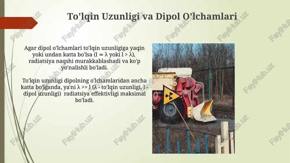 dipoll antennaning uzunligi to‘lqin uzunligining yarmiga teng bo‘lsa, maksimal radiatsiya samaradorligi 98% ga yetadi, bu esa yuqori sifatli signal uzatishni ta’minlaydi. dipol nurlarining asosiy tushunchalari dipol nurlanishining intensivligi dipol momenti kattaligining kvadrati va chastota to'rtinchi darajasiga to'g'ridan-to'g'ri proportsionaldir, ya'ni i∝p²ω⁴. dipol nurlanishining asosiy xususiyati – nurlanishning dipol momenti yo'nalishi bo'yicha notekis taqsimlanishi hisoblanadi, maksimal intensivlik dipol o'qiga perpendikulyar yo'nalishda kuzatiladi. ko'p dipolli radiatsiya ko'p dipolli radiatsiya modellarini simulyatsiya qilishda, elementlar soni 50 dan oshganda hisoblash murakkabligi eksponentsial ravishda oshib boradi, bu esa samarali algoritmlarni talab qiladi. ko'p dipolli radiatsiya manbalarining intensivligi individual dipollarning soni va ularning faza munosabatlariga bog'liq bo'lib, 10 dan ortiq dipol birgalikda ishlashi natijasida sezilarli darajada oshadi. e'tiboringiz uchun rahmat @taqdimot_robot image1.jpg image2.jpg image3.jpg image4.jpg image5.jpg image6.jpg image7.jpg image8.jpg image9.jpg image10.jpg image11.jpg image12.jpg