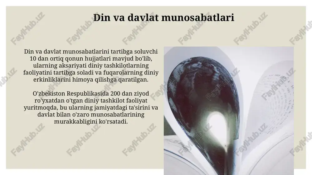 oydalanish, ob'ektivlikni ta'minlash uchun muhimdir. dinshunoslik fanining predmeti dinshunoslik, 5 ta yirik din – islom, xristianlik, buddizm, iudaizm va hinduizmni chuqur tahlil qilib, ularning doktrinaviy asoslarini o'rganadi. ushbu fan 1000 dan ortiq turli diniy oqimlarning paydo bo'lishi, tarqalishi va rivojlanishini, shuningdek, ularning jamiyatga ta'sirini o'rganadi. dinshunoslik fanining vazifalari ushbu fanning muhim vazifalaridan yana biri – diniy ekstremistizm va terrorizm kabi 21-asrga xos xavf-xatarlarni tahlil qilib, ularning oldini olish bo'yicha samarali strategiya ishlab chiqishdir. dinshunoslik fanining vazifalaridan biri – turli dinlarning 1000 yildan ortiq tarixini, 5 ta asosiy dinning paydo bo'lish sabablari va rivojlanish bosqichlarini chuqur o'rganish va tahlil qilishdan iborat. e'tiboringiz uchun rahmat @taqdimot_robot image3.jpg image4.jpg image5.jpg image6.jpg image7.jpg image8.jpg image9.jpg image10.jpg image11.jpg image12.jpg image13.jpg image14.jpg