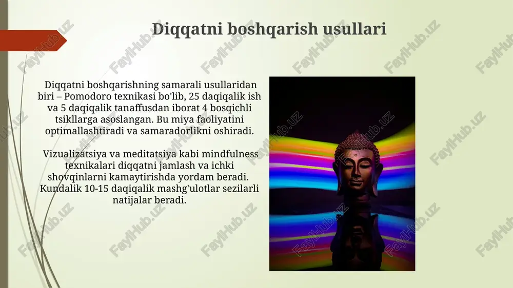 qqat: ta'rif va turlari diqqatning intensivligi va davomiyligi individual farqlarga bog’liq bo’lib, stress, charchoq va boshqa omillar ta’sir ko’rsatishi mumkin, bu esa 30 daqiqadan keyin diqqatning pasayishiga olib kelishi mumkin. diqqatning ikkita asosiy turi – ixtiyoriy (ongli ravishda boshqariladigan) va ixtiyoriy bo’lmagan (reflektor) diqqat farqlanadi. ixtiyoriy diqqat maqsadga yo’naltirilgan va kuchli iroda talab qiladi. idrok: dunyoni anglash intuisiya – bu tezkor, ongsiz qaror qabul qilish jarayoni bo'lib, u taxminan 0,25 soniya ichida sodir bo'ladi va ko'pincha bilinçaltı tajriba va bilimlarga asoslanadi. idrokning 5 ta asosiy turi mavjud: ko'rish, eshitish, hid bilish, ta'm bilish va sezish, ularning har biri miyaning turli qismlarida qayta ishlanadi va turli xil illyuziyalarni keltirib chiqarishi mumkin. idrokni yaxshilash yo'llari kundalik hayotda yangi narsalarni o'rganish, 5-7 ta yangi so'z yoki faktlarni ezhilab o'rganish idrokni kengaytiradi va miyaning plastikligini oshiradi. ranglar, shakllar va tovushlarga e'tibor qaratib, atrof-muhitni sezgirlik bilan kuzatish, idrokni 15-20% ga oshirishga yordam beradi, bu esa …