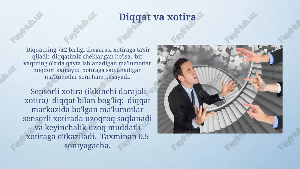 ognitiv funksiyalarni baholashda diqqatning barqarorligi, reaktsiya vaqti kabi ko'rsatkichlar bilan o'zaro bog'liq bo'lib, 30 balldan yuqori natija yuqori barqarorlikni bildiradi. diqqat turlari noixtiyoriy diqqat esa, atrofdagi 2-3 ta kuchli stimullar (yorqin ranglar, baland tovushlar) ta’sirida beixtiyor paydo bo'ladi va bir necha sekund davom etadi. diqqatning ixtiyoriy turi ong bilan boshqariladi va maqsadli ravishda 10-15 soniya davomida biror narsaga qaratilishi mumkin, bu esa kognitiv resurslarni talab qiladi. diqqat hajmi diqqat hajmi odatda 7 ± 2 birlik atrofida bo'lib, qisqa muddatli xotira hajmini aks ettiradi va bu chegaradan oshib ketgan ma'lumotlarni qayta ishlash qiyinlashadi. vizual diqqat hajmi auditory diqqat hajmiga nisbatan farq qilishi mumkin, masalan, 5 ta rasmni eslab qolish 7 ta tovushni eslab qolishdan ancha osonroq bo'lishi mumkin. diqqatning o'zgarishi diqqatning qisqa muddatli xotiraga ta'siri katta bo'lib, 7 ± 2 birlik ma'lumotni ushlab turish qobiliyatimiz diqqatimizning konsentratsiyasi va o'zgarishi bilan bevosita bog'liq. diqqatning o'zgarishi 2-3 sekund ichida sodir bo'lishi mumkin va …