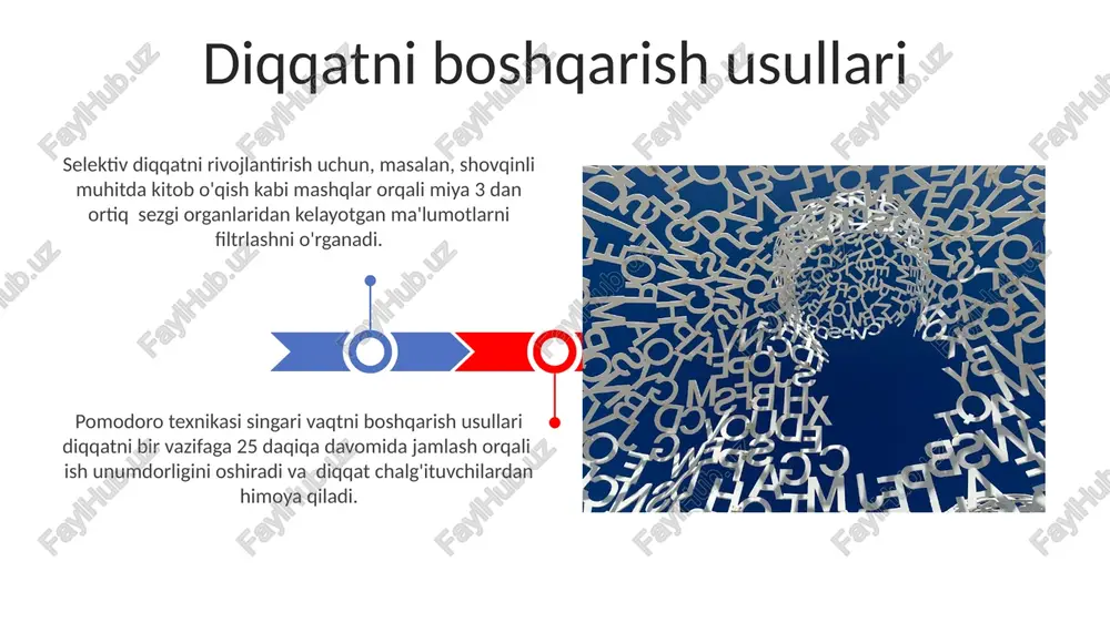 tli xotiraning ikki asosiy turi mavjud: deklarativ (bilishli) xotira (voqealar va faktlar) va protsedural (ko'nikmalar) xotira, har biri turli miya sohalarida joylashgan va turlicha kodlangan. uzoq muddatli xotirada saqlanadigan ma'lumotlarning tiklanishi, esga olish jarayoni, ko'pincha 0.1 sekunddan 1 soniyagacha davom etadi va shu bilan birga ko'pgina omillarga, shu jumladan kayfiyat va kontekstga bog'liq. diqqat va xotirani yaxshilash usullari xotirani yaxshilash uchun har kuni kamida 30 daqiqa miyani faol ishlatadigan mashqlar, masalan, krossvordlar yechish yoki yangi til o'rganish tavsiya etiladi. bu miya hujayralarining neyroplastikasini kuchaytiradi. diqqatni jamlash qobiliyatini oshirish uchun 5-10 daqiqalik muntazam meditatsiya yoki chuqur nafas olish mashqlari foydali. bu stress darajasini pasaytiradi va miyani tinchitadi. sensorli xotira sensorli xotiraning asosiy xususiyati uning yuqori sig'imi va juda qisqa saqlash muddati hisoblanadi. u 4 dan 12 gacha birlik ma'lumotni ushlab turishi mumkin, ammo bu ma'lumotlar tezda yo'qoladi. sensorli xotira, yoki ikonik xotira, vizual ma’lumotlarni 0,25-0,5 soniya davomida saqlash qobiliyatini ifodalaydi va …