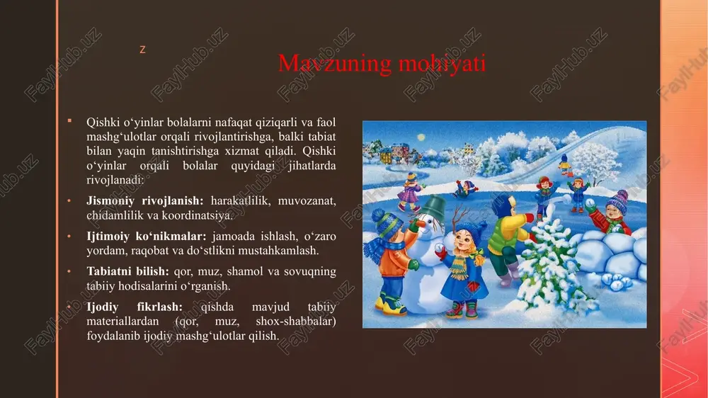 va yo‘l belgilash: bolalar qor ustida chiziqlar yoki yo‘llar bo‘ylab yugurishadi. qor sharlarini tashlash: masofaga yoki maqsadga qarata qor sharlarini tashlash orqali qo‘l va ko‘z koordinatsiyasi rivojlantiriladi. qor minoralari qurish: bolalar jamoa bo‘lib qor minorasi yoki qal’alar quradi, bu jismoniy va ijodiy faoliyatni uyg‘unlashtiradi. muvozanat va koordinatsiya o‘yinlari sirpanuvchi yo‘llar: qor ustida sirpanish yoki maxsus tayyorlangan muz yo‘laklar orqali harakatlanish. qor ustida sakrash va balans: bolalar bir-biriga to‘sqinlik qilmasdan turli shakllarda sakrash va yurishni o‘rganadi. z jamoaviy o‘yinlar qor jangi: xavfsiz sharoitda, kichik jamoalarda, faqat qor sharlaridan foydalanib. guruh bilan qor minorasi qurish: hamkorlik va muloqot ko‘nikmalarini rivojlantiradi. topishmoq va xazina o‘yini: qor bilan yashirilgan “xazina”ni qidirish, guruhda ishlashni o‘rgatadi. ijodiy o‘yinlar qor haykallari yaratish: hayvonlar, odam yoki fantaziya figuralari. tabiiy materiallardan foydalanish: shox, barg, muz parchalaridan tasvirlar yaratish. qor rang-barang tasvirlar chizish: tabiiy ranglar (masalan, suv va rangli bo‘yoqlar) yordamida. z o‘yinlarni samarali tashkil etish bo‘yicha tavsiyalar o‘yinlarni boshlashdan …