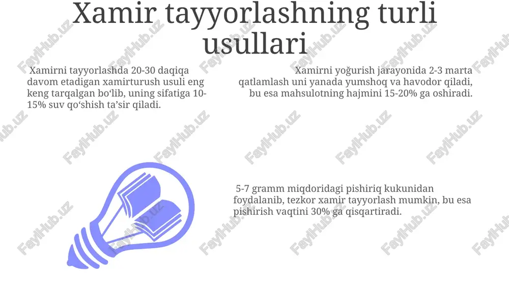 uddatini 6 oydan 1 yilgacha uzaytirishi mumkin. donli mahsulotlarni qaynatish usullari donli mahsulotlarni suvda 1:2 nisbatda 60-90 daqiqa davomida qaynatish, ularning yumshoqlashishi va suyuqlikni yaxshi singdirishini ta'minlaydi. donli mahsulotlarni 100-120°c haroratda 20-30 daqiqa davomida bug'da pishirish ularning ozuqaviy qiymatini saqlab qolish va yumshoq tuzilmani hosil qilishga yordam beradi. 2-3 sm qalinlikdagi donli mahsulotlarni 180°c haroratli pechda 35-45 daqiqa davomida pishirish, qovurilgan ta'm va qobiq hosil qilish imkonini beradi. donni qayta ishlashning texnologik jarayonlari donni maydalash jarayonida har xil turdagi tegirmonlardan foydalaniladi, ularning tanlanishi donning turi va mahsulotga qo'yiladigan talablar bilan belgilanadi. donni ishlov berishda 20-25% namlik miqdori optimal hisoblanib, bu unning sifatli qayta ishlanishini ta'minlaydi. donni termik ishlov berish 60-80°c da 15-20 daqiqa davom etadi va bu jarayon uning mikroorganizmlardan tozalanishini ta'minlaydi. zamonaviy non pishirish texnologiyalari nonni muzlatish texnologiyasi yordamida uning saqlash muddati 3-4 oyga uzaytiriladi va 90% gacha sifatini saqlab qolish mumkin. zamonaviy non pishirishda 180-220°c haroratda konveksiya pechlaridan …