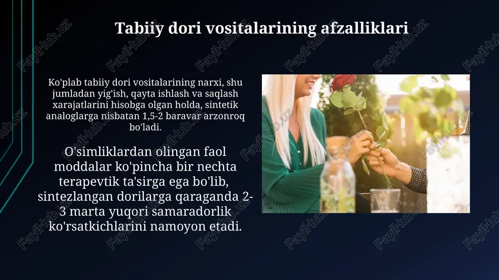 a'lumotlar bazasini o'z ichiga oladi. "ta'lim va tadqiqotlar" doirasida o'tkazilgan genetik tahlillar natijalari shuni ko'rsatdiki, 20 dan ortiq endemik o'simlik turi yo'qolib ketish xavfi ostida. dorivor o'simliklarning xilma-xilligi o'simliklarning turli xil turlarining endemik va noyob nusxalari mavjud bo'lib, ularning soni yildan-yilga kamayib bormoqda, shu sababli muhofaza qilish choralarini ko'rish zarur. dorivor o'simliklarning 25 000 dan ortiq turi mavjud bo'lib, ularning 10% dan ortig'i o'zbekistonda uchraydi va biologik faol moddalarga boydir. o'simliklarni noqonuniy yig'ib olish noqonuniy savdo aylanmasi yillik 15 milliard dollardan oshadi va bu muammoni hal qilishda xalqaro hamkorlikni kuchaytirishni talab qiladi, maxsus nazorat choralarini qo'llash zarur. o'simliklarning 70% gacha qismi noqonuniy ravishda, asosan, dorivor xomashyo sifatida yig'ib olinib, xalqaro bozorlarda yuqori narxlarda sotiladi, bu esa turlarning kamayishiga olib keladi. dorivor o'simliklarni himoya qilishning ahamiyati o'simliklarning kimyoviy moddalarini sintez qilishning murakkabligi va yuqori narxi tufayli, tabiiy resurslarni muhofaza qilish, ya'ni 20 dan ortiq dori-darmon o'simliklarining genetik resurslarini saqlash juda muhimdir. …