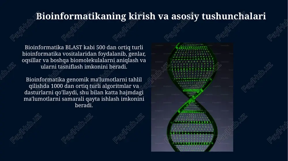 gen topilishi mumkin, bu esa keyinchalik funktsional tahlil va filogenetik tadqiqotlar o'tkazish imkonini beradi. funktsional boylash va yo'l tahlili yo'l tahlili, kegg va reactome kabi ma'lumotlar bazalaridan foydalanib, genlarning funktsional boylashini va ularning biologik yo'llardagi rolini aniqlaydi. differensial gen ekspressioni tahlili natijalarini yo'l tahlili bilan birlashtirish, 20% dan ortiq o'zgargan genlarning biologik ahamiyatini aniqlashga yordam beradi. proteomika va metabolomika tahlili integratsion proteomika va metabolomika yondashuvi orqali olingan ma’lumotlarni birlashtirish, kasallik mexanizmlarini yaxshiroq tushunish uchun biomarkerlarni aniqlashda 90% ga yaqin aniqlikni ta’minlaydi. metabolomika tahlili hujayra va to‘qimalardagi 1000 dan ortiq kichik molekulalarning (metaboliklarning) profilini chizish imkonini beradi va bu fenotipik o‘zgarishlarni tushunishga yordam beradi. katta ma'lumotlarni tahlil qilish usullari bioinformatika vositalaridan foydalanib, 5000 ta namunadan iborat katta gen ifodasi to'plamini klasterlash orqali 3 ta alohida guruh aniqlash mumkin. sekvensiyalarning 10 mln. bazaviy juftliklarini tahlil qilishda parallel hisoblash texnologiyalari va hadoop kabi platformalardan foydalanish hisoblash vaqtini sezilarli darajada qisqartiradi. atrof-muhitni monitoring qilish …