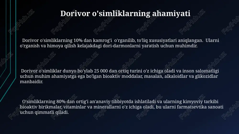 o'zbekiston respublikasining “o'simlik dunyosini muhofaza qilish to'g'risida”gi qonuni 100 dan ortiq dorivor o'simlik turlarini muhofaza qilish choralarini belgilab bergan. o'simlik resurslaridan foydalanish bo'yicha litsenziyalash tizimi 15 tadan ortiq dorivor o'simlik turi uchun joriy etilgan bo'lib, bu noqonuniy yig'imni kamaytirishga yordam beradi. e'tiboringiz uchun rahmat @taqdimot_robot