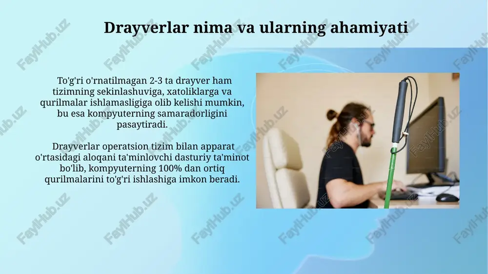 vchi xabarlar paydo bo'ladi; bu holda, siz o'rnatish faylini o'ng tugma bilan bosish orqali "administrator sifatida ishga tushirish" ni tanlashingiz kerak. qurilma ishlab chiqaruvchisining veb-saytidan tegishli drayverni yuklab olish muhim, chunki u erda 32-bit yoki 64-bit tizimlar uchun mos keladigan versiyalarni topishingiz mumkin. yuklab olgan faylning kengaytmasi .exe yoki .zip bo'lishi mumkin. drayverlarni zaxiralash va tiklash drayverlarni qo'lda zaxiralashda, har bir faylning nomi va versiya raqamini (masalan, 1.0.2.3) yozib olish, keyinchalik tiklash jarayonini soddalashtirish uchun juda muhimdir. drayverlarni zaxiralash uchun maxsus dasturlar yoki windows-ning o'z vositalaridan foydalanib, 10 tagacha turli qurilmalar uchun 50 mb dan ortiq bo'lmagan hajmdagi fayllarni saqlash mumkin. xavfsizlik masalalari va ehtiyot choralar shubhali manbalardan yuklab olingan haydovchilarni o'rnatishdan saqlaning, chunki ularning 70% dan ortig'i zararli dasturlarni o'z ichiga olishi mumkin. faqatgina ishlab chiqaruvchining rasmiy veb-saytlaridan foydalaning. haydovchi o'rnatishdan avval kompyuteringizni viruslardan himoya qilish uchun kamida 3 ta obro'li antivirus dasturini tekshirib ko'ring va zararli fayllarni aniqlash …