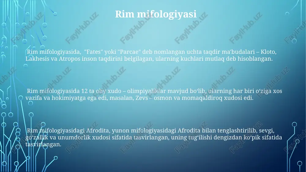iri o'ziga xos xususiyatlarga va xudolarga ega. odindan tashqari, thor va loki kabi 12 ta asosiy asgardiya xudosi mavjud bo'lib, ularning har biri turli xil kuch va qobiliyatlarga ega edi. ularning harakatlari insonlarning hayotini ta'sir qilar edi. ragnarok – skandinav mifologiyasidagi qiyomat kuni, unda asgardiya xudolari va gigantlar o'rtasida dahshatli jang bo'lib o'tadi. bu jarayon 3 kun davom etadi deb taxmin qilinadi. qadimgi misr mifologiyasi qadimgi misr mifologiyasida 9 ta asosiy xudo bor edi, ularning eng muhimi quyosh xudosi ra hisoblanadi va uning 3 ta asosiy shakli mavjud. misr mifologiyasidagi "ma'at" tushunchasi adolat, haqiqat va kosmik tartibni ifodalaydi va 42 ta sud qonuniga asoslangan. osiris xudosi o'lganlar olamining hukmdori hisoblanib, uning qabr marosimlari bilan bog'liq 70 dan ortiq turli xil sehrli formulalar mavjud edi. zamonaviy miflar va afsonalar zamonaviy o'zbekiston mifologiyasida taxminan 10 ta asosiy qahramon arxetipi mavjud bo'lib, ularning aksariyati qadimgi afsonalardagi obrazlarning zamonaviy talqini hisoblanadi, lekin yangi kontekstda. …