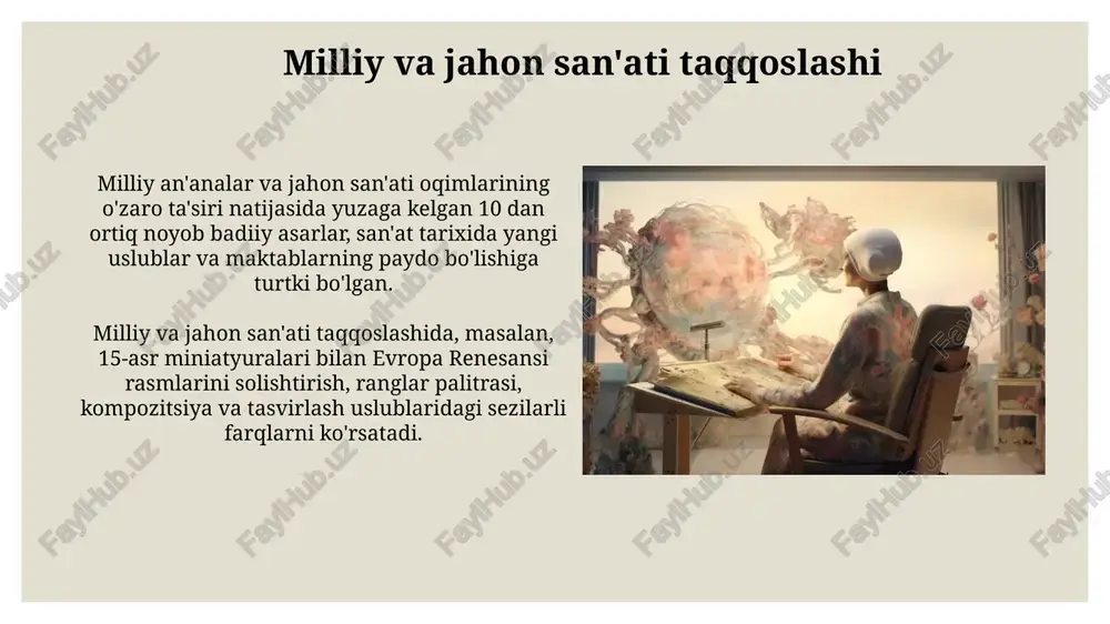 ortiq ma'no darajasini ifodalashi mumkin. badiiy asarlar orqali his-tuyg'ularni ifoda etish badiiy asarlar, masalan, 19-asr romantizm davri rasmlari, kuchli his-tuyg'ularni – mehr-muhabbat, qayg'u va umidsizlikni – ranglar, kompozitsiya va chiziqlar orqali ifodalashda yuqori darajadagi mahorat namoyish etadi. musiqa, 7 ta asosiy notaning turli kombinatsiyalari orqali, inson his-tuyg'ularining butun spektrini, xususan, quvonch, g'am-qayg'u va g'azabni ifodalay oladigan kuchli vositadir. inson va san'at o'rtasidagi bog'liqlik g'arb san'ati tarixiga nazar tashlasak, 15-18 asrlarda portret va manzara janrlari inson va tabiat o'rtasidagi uyg'unlikni aks ettirishda muhim rol o'ynaganini ko'ramiz. san'at asarlarining 70% dan ortig'i emotsional ta'sir ko'rsatishi natijasida, insonning his-tuyg'ularini boyitib, dunyoqarashini kengaytiradi va empatiya rivojlanishiga hissa qo'shadi. estetik idrokning shakllanishi estetik idrokni rivojlantirish uchun kamida 10 ta turli xil san'at asarlari bilan tanishish, ularni tahlil qilish va o‘z his-tuyg‘ularini ifoda etish orqali amalga oshiriladi. san'at asarlari bilan muloqot orqali estetik idrokning 5ta asosiy komponenti – hissiy, bilimiy, badiiy, ijtimoiy va axloqiy komponentlar shakllanadi …