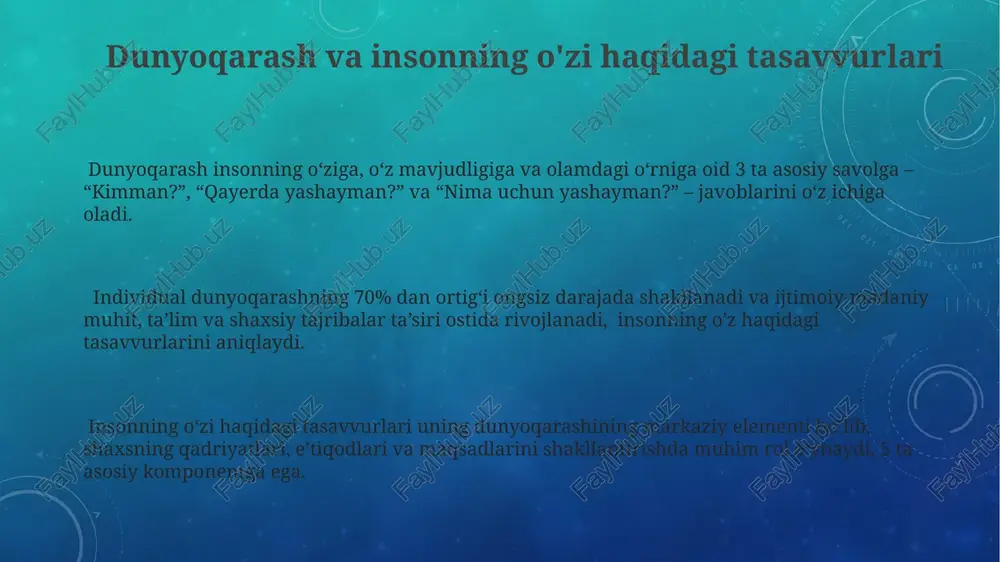 da samarali qiladi. dunyoqarash, o'ziga xos ideologiya, e'tiqod va falsafaga asoslanib, 2 ta asosiy funksiyani bajaradi: hayotga ma'no bag'ishlash va insonning harakatlarini boshqarish. insonning dunyoqarashi 5 ta asosiy hayot sohasi (shaxsiy, ijtimoiy, kasbiy, ma'naviy va jismoniy) ga yo'nalish berib, barqarorlik va o'z-o'zini anglashni ta'minlaydi. dunyoqarash va madaniyat turli xil madaniyatlarning dunyoqarashi o'rtasidagi farqlar, 2 dan ortiq o'lchamlarga ega bo'lgan "individualizm-kollektivizm" kabi o'lchovlar yordamida o'rganilishi mumkin, bu esa transkultural tadqiqotlar uchun muhim ahamiyat kasb etadi. madaniy kodlar dunyoqarashning ifodasi bo'lib, ular 5 ta asosiy turga bo'linadi: til, din, san'at, siyosat va fan, shuningdek, ijtimoiy munosabatlarni tartibga soladi. dunyoqarash madaniyatning 3 ta asosiy elementi – qadriyatlar, me'yorlar va an'analarni shakllantirishda muhim rol o'ynaydi, bu esa jamiyatning 70% atrofida axloqiy va ijtimoiy xulq-atvorini aniqlaydi. dunyoqarashning funksiyalari: maqsadlarni belgilab berish dunyoqarash, hayotdagi 3 ta asosiy maqsadni aniqlash va ularga erishish yo'llarini belgilab berish orqali insonning harakatlarini yo'naltiradi. dunyoqarash, ijtimoiy-madaniy norma va qadriyatlar tizimi orqali, …