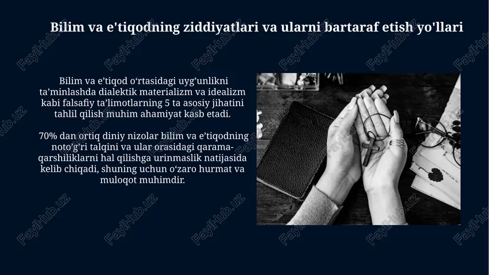 fanning o'zaro ta'siri dunyo dinlarining 70% dan ortig'i insoniyat taraqqiyoti va ilm-fan rivojiga ijobiy munosabatda bo'lib, ta'lim va bilim olishni targ'ib qiladi. islom olamida 10-12 asrlarda ilm-fanning sezilarli darajada rivojlanishi, rasadxonalar va kutubxonalarning qurilishi din bilan fanning uyg'unligini misol qiladi. madaniy va axloqiy qadriyatlarning birligi din va fan o'rtasidagi 10 yillik tadqiqotlar shuni ko'rsatdiki, ma'naviy va axloqiy qadriyatlarning birligi ijtimoiy barqarorlikni ta'minlashda muhim rol o'ynaydi. madaniy va axloqiy qadriyatlarning uyg'unligi 21-asrda insoniyat taraqqiyoti uchun 5 ta asosiy omil: tenglik, adolat, hurmat, bag'rikenglik va hamkorlik kabi tushunchalarni o'z ichiga oladi. e'tiboringiz uchun rahmat @taqdimot_robot image5.jpg image6.jpg image7.jpg image8.jpg image9.jpg image10.jpg image11.jpg image12.jpg image13.jpg image14.jpg image15.jpg image1.jpg