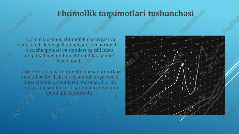 acha kutish vaqti 0.5 ga teng bo'ladi. modellashtirish misollari poisson taqsimotidan foydalanib, ma'lum bir vaqt oralig'ida 5 ta hodisa ro'y berish ehtimolini, lambda parametri 3 ga teng deb taxmin qilib, hisoblash mumkin. eksponent taqsimot yordamida, o'rtacha 10 yil bo'lgan texnika elementining 5 yildan kam muddatda ishdan chiqish ehtimolini hisoblash mumkin. modellarning tekshiruvi va validatsiyasi k-fold cross-validation texnikasi yordamida modelning barqarorligini baholash mumkin, bu yerda k qiymati 5 dan 10 gacha bo'lishi mumkin. modelning aniqligi va xatolik koeffitsiyenti (masalan, mse, rmse) kabi metrika yordamida modelning ishlashini kvantitativ ravishda baholash mumkin. xulosa va kelajakdagi yo'nalishlar kelajakda 3 o'zgaruvchili ko'p o'lchovli normal taqsimotlarni modellashtirish va ularning parametrlarini bayes usullari yordamida aniqlash bo'yicha tadqiqotlarni kengaytirish zarur. nosimmetrik bo'lmagan ma'lumotlarni modellashtirish uchun 10 dan ortiq yangi ehtimollik taqsimoti modellari va ularning statistik xususiyatlarini o'rganish muhim ahamiyatga ega. uniform taqsimot uniform taqsimotdan foydalanib, tasodifiy sonlarni hosil qilish mumkin, bu esa kompyuter simulyatsiyalari va statistik modellashtirishda keng …