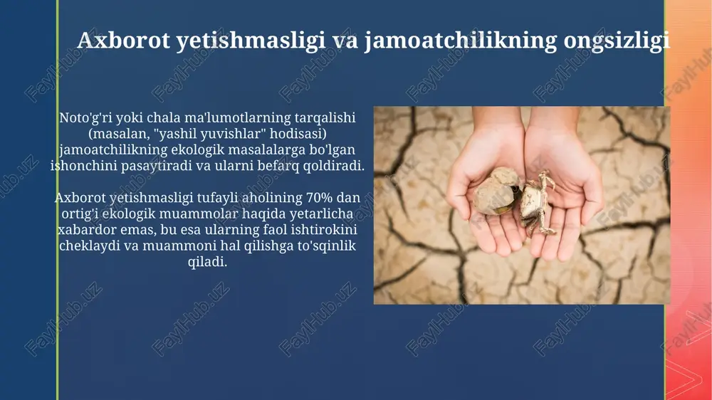 asaytiradi. ekologik ta'limning maktab o'quv dasturlarida atigi 5-10% ini egallaganligi, atrof-muhitni muhofaza qilishga oid amaliy ko'nikmalarni shakllantirishda yetarli emasligini ko'rsatadi. resurslarning cheklanganligi va taqsimlanishidagi muammolar suv resurslarining taqsimlanishidagi nomutanosiblik, qurg’oqchilik va suv tanqisligi sababli 2,1 milliarddan ortiq odam toza suvga ega emas, bu esa ekologik muammolarni yanada kuchaytiradi. tabiiy resurslarning qayta tiklanish sur’ati insoniyatning iste’mol sur’atidan 1,75 baravar past bo‘lib, bu esa resurslar tanqisligini kuchaytiradi va kelajakdagi inqirozlar xavfini oshiradi. e'tiboringiz uchun rahmat @taqdimot_robot image4.jpg image5.jpg image6.jpg image7.jpg image8.jpg image9.jpg image10.jpg image11.jpg image12.jpg image2.png image3.png