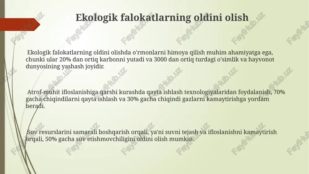 qdordagi transport vositalari va yo'nalishlarning mavjudligi muhim ahamiyatga ega. yo'nalishlarni oldindan belgilab qo'yish va ko'rsatmalarni aniqlash zarur. tabiiy ofatlar va ekologik muammolar sirdaryo va amudaryo havzalaridagi suv resurslarining kamayishi suv tanqisligi muammosini keltirib chiqarmoqda, bu o'simlik va hayvonot dunyosiga tahdid soladi va 5 milliondan ortiq odamning hayot sifatiga ta'sir qiladi. uzbekistanning cho'l va dasht hududlarida yiliga o'rtacha 100 dan ortiq chang-qum bo'ronlari kuzatiladi, bu esa havo sifati, inson salomatligi va qishloq xo'jaligiga salbiy ta'sir ko'rsatadi, iqtisodiy zararlarni keltirib chiqaradi. orol dengizining qurib qolishi 1960-yillardan boshlab suv resurslarining ortiqcha sarflanishi natijasida yuz bergan bo'lib, bu hududda 20 million gektardan ortiq yer maydonining cho'lga aylanishiga olib keldi, bioxilma-xillikni sezilarli darajada kamaytirdi. e'tiboringiz uchun rahmat @taqdimot_robot