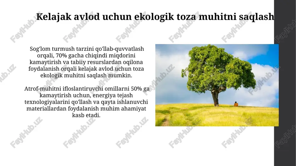 -xillikni saqlashga hissa qo'shadi. ekoturizm, 2023-yilgi ma’lumotlarga ko'ra, dunyo bo'yicha 8% ga o'sgan bo'lib, sog'lom turmush tarzini targ'ib qiluvchi faoliyatlarning 30% ini tashkil etadi. ekologik toza transport vositalari velosportning ommabopligi oshishi natijasida, shaharlarda velosiped yoʻllarining uzunligi 20% ga oʻsdi, bu esa shaxsiy transport vositalaridan foydalanishni kamaytirib, sogʻlom turmush tarzini targʻib qiladi. ekologik toza transport vositalarining, masalan, elektr avtomobillarining batareya zaryadlash infratuzilmasi rivojlanishi 2030-yilga kelib 30% ga oshishi prognoz qilinmoqda, bu esa havo ifloslanishini kamaytirishga yordam beradi. energiya tejash va atrof-muhitni muhofaza qilish uyda energiya sarfini 15% ga kamaytirish uchun energiya tejovchi jihozlar va texnologiyalardan foydalanish, masalan, a++ energiya samaradorligi sinfiga ega maishiy texnikalarni tanlash muhimdir. bu iqtisodiy jihatdan ham foydali. energiya tejash 20% gacha karbon emissiyasini kamaytirishi mumkin, bu esa global isishga qarshi kurashda muhim ahamiyatga ega. quyosh va shamol energiyasi kabi qayta tiklanadigan energiya manbalaridan foydalanish atrof-muhitni muhofaza qilishga yordam beradi. toza suvning sogʻliq uchun foydalari toza suv ichish, …