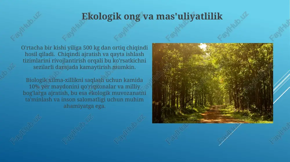 ovqatlanish, ya'ni 5ta meva va sabzavot iste'mol qilish, ekologik toza mahsulotlar tanlash orqali atrof-muhitni himoya qilishga va sog'lig'imizni yaxshilashga yordam beradi. jismoniy faollikning 30 daqiqalik kundalik normasi, ayniqsa, tabiat bag'rida sayr qilish, stressni kamaytiradi va yashil maydonlarning ekologik muvozanatini saqlashga hissa qo'shadi. ekologik ta'lim va targ'ibot ekologik tarbiya bo'yicha 5 yoshdan 18 yoshgacha bo'lgan bolalar uchun maxsus o'quv dasturlarini joriy etish, atrof-muhitni muhofaza qilishga oid bilimlarni 30% ga oshirishga qaratilgan. o'simliklar va hayvonlarning 10 ta noyob turi haqida ma'lumot beradigan ekologik bildirishnomalarni ommaviy axborot vositalarida 2 oy davomida muntazam ravishda tarqatish. jismoniy faollik va tabiat bilan yaqin aloqa tadqiqotlar shuni ko'rsatadiki, kuniga kamida 2 soat tabiatda vaqt o'tkazish, qon bosimini 7% ga va yurak urish tezligini 6% ga kamaytirishi mumkin, bu jismoniy faollik bilan birgalikda yurak-qon tomir salomatligini yaxshilaydi. jismoniy faollik, masalan, haftasiga kamida 150 daqiqa aerob mashqlar, stress gormonlari darajasini pasaytirib, immunitet tizimini mustahkamlaydi va tabiatda dam olish bilan …