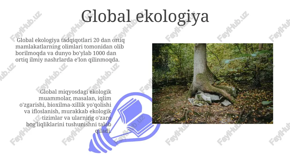 imulyatsion dasturlar ekologik ta'lim samaradorligini 30% ga oshiradi. ekologik bilimlarni mustahkamlash uchun o'quvchilar 5-10 kishidan iborat guruhlarda o'yinlar, simulyatsiyalar va rollar bo'yicha mashqlar orqali 7 xil ekotizimni o'rganadilar. ekologik ta'limning maqsadlari va vazifalari ekologik savodxonlik darajasini oshirish maqsadida, ta'lim dasturlariga 10 tadan ortiq amaliy mashg'ulotlar, ekologik loyihalar va tabiatga ekskursiyalarni kiritish orqali atrof-muhitni muhofaza qilishga qaratilgan harakatlarni rag'batlantirish kerak. ekologik ta'lim vazifalari orasida bioxilma-xillikni saqlashning ahamiyatini tushuntirish, kamida 5 ta ekologik muammoni tahlil qilish va ularning oldini olish bo'yicha amaliy ko'nikmalarni rivojlantirish muhim o'rin tutadi. ekologiya fanining asosiy tarmoqlari 01 02 bioekologiya, 2-3 ta turli xil organizmlar populatsiyalari o'rtasidagi o'zaro munosabatlarni, masalan, parazitizm, simbioz va raqobat kabi 5 ta asosiy ekologiya turlarini chuqur o'rganadi. sales 1st qtr 2nd qtr 100 0 sales 1st qtr 2nd qtr 100 0 e'tiboringiz uchun rahmat @taqdimot_robot image4.jpg image5.jpg image6.jpg image7.jpg image8.jpg image9.jpg image10.jpg image11.jpg image12.jpg image13.jpg image14.jpg image15.jpg image1.jpeg image2.jpeg image3.jpeg