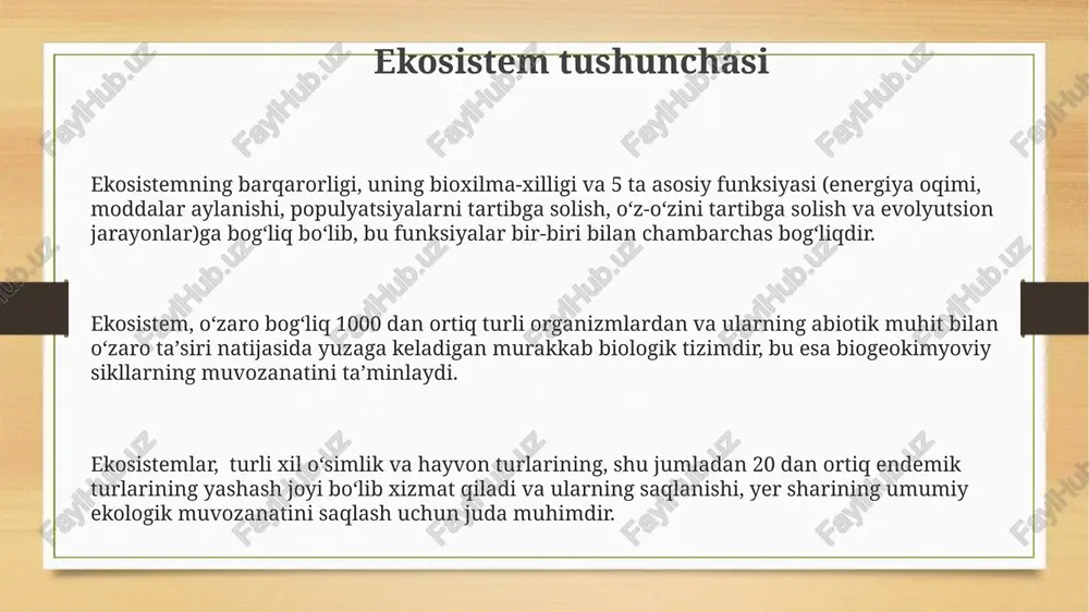 dan ortiq oʻsimlik va hayvon turlarining oʻzaro bogʻliqligi va muvozanatini oʻz ichiga oladi, bu esa butun ekosistemaning barqarorligi uchun muhim ahamiyatga ega. yuqori ekosistema xilma-xilligi, masalan, tropik o'rmonlarda, 25% gacha biomasa ishlab chiqarish samaradorligini oshirishi mumkin, bu esa ekologik xizmatlarning ko'payishiga olib keladi. ekosistemning funksiyalari ekosistemlar, o'simliklarning 70% gacha fotosintez jarayonida organik moddalar hosil qilishini ta'minlaydi, bu esa butun yer yuzidagi hayot uchun muhimdir. suv aylanishi kabi ekologik jarayonlarning 90% dan ortig'i ekosistemlar orqali amalga oshiriladi, bu esa iqlimni barqarorlashtirishda muhim rol o'ynaydi. biologik xilma-xillikni saqlashda ekosistemlarning roli juda katta, 1 gektar o'rmon 1000 ga yaqin turli xil organizmlarni o'z ichiga olishi mumkin. ekosistemni muhofaza qilish atrof-muhit ifloslanishining oldini olish va chiqindilarni qayta ishlash darajasini 70% ga oshirish orqali ekosistemaga salbiy ta'sir ko'rsatadigan antropogen omillarni kamaytirish mumkin. ekosistemani muhofaza qilishda bioxilma-xillikni saqlash muhim ahamiyatga ega bo'lib, 1000 dan ortiq o'simlik va hayvon turlarining yo'qolib ketish xavfi mavjudligini hisobga olsak, bu …