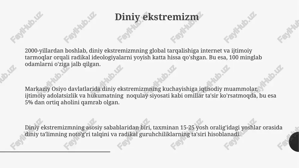 a terrorizm, 100 dan ortiq mamlakatda faol bo'lgan al-qoida va isid kabi tashkilotlar orqali, jahon miqyosida keng tarqalgan xavf hisoblanadi. terrorizmning 3 turi mavjud: davlat terrorizmi, milliy ozodlik harakatlari va transmilliy terroristik tashkilotlar, ularning har biri o'ziga xos maqsad va usullarga ega. siyosiy terrorizm, rejimlarni ag'darish yoki siyosiy o'zgarishlarni amalga oshirish uchun zo'ravonlikni qo'llashni o'z ichiga oladi va ko'pincha 2 yoki undan ortiq davlatlarni qamrab oladi. terrorizmning sabablari dinni noto'g'ri talqin qilish va siyosiy maqsadlarda suiiste'mol qilish, ya'ni taxminan 30% terroristik hujumlar diniy ekstremizm bilan bog'liq bo'lib, bu guruh ishtirokchilari uchun radikal g'oyalarni oqlash vositasidir. millatlararo va etnik nizolar, jumladan, 15% dan ko'proq terroristik harakatlar tarixiy yoki ijtimoiy-siyosiy sabablarga asoslangan bo'lib, hududiy bahslar yoki qasos olish motivlariga bog'liqdir. terrorizmning 20% dan ortiq sabablaridan biri iqtisodiy tengsizlik va adolatsizlik, ya'ni aholining katta qismi kambag'allik va ishsizlikka duch kelganda ekstremistik guruh va tashkilotlarga qo'shilish ehtimoli ortadi. psixologik omillar guruhga bo'lgan kuchli bog'liqlik, …