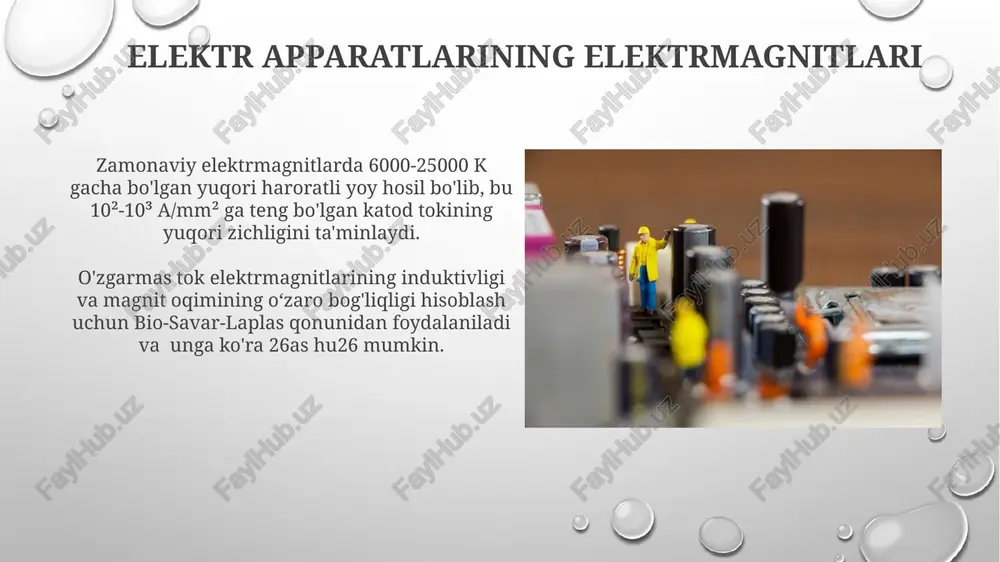 arning yemirilishga bardoshliligini oshiradi. elektr kontaktlari elektr kontaktlari materialining tanlanishi kontaktlarning ishlash sharoitiga, tok va kuchlanishning qiymatiga bogʻliq boʻlib, ularning chidamlilik darajasi, korroziyaga chidamliligi va boshqa ko'rsatkichlar inobatga olinadi. misol uchun, kichik toklarda qimmatbaho metallardan, katta toklarda esa arzonroq materiallardan foydalaniladi. kontakt yuzasining notekisligi tufayli kontakt ulanganida elektr toki kontakt yuzasining faqat bir qismi orqali o'tadi. kontakt yuzasining ideal holatda silliq bo'lishi mumkin emas. kontaktlarning nisbiy qarshiligi kontaktlarning joylashishi, hajmi va bosimiga bogʻliq. elektrmagnitli va issiqlik relelari ushbu relelarning katta aniqlikdagi hayallash vaqtini [(5-10) 10⁶] ta`minlashlari va yuqori darajadagi yemirilishga chidamliliklari kerak. bunda hayallash vaqti 0.1 dan 2 sekundgacha bo'ladi. elektrmagnitli relelarning ishga tushish vaqti 0.02 soniyadan 0.1 soniyagacha, kuchaytirish koeffitsienti esa 0.85 ga teng boʻlishi mumkin. bunday relelar yuqori aniqlikda ishlaydi. e'tiboringiz uchun rahmat @taqdimot_robot image3.png image4.jpg image5.jpg image6.jpg image7.jpg image8.jpg image9.jpg image10.jpg image11.jpg image12.jpg image13.jpg image1.png
